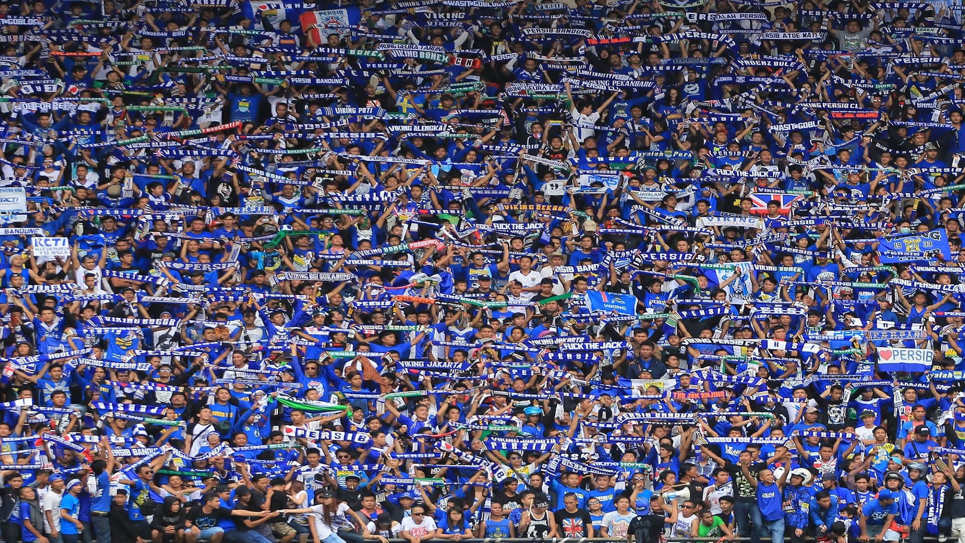 Persib Bandung, blue-clad football fans, scarves, Full HD Desktop Wallpaper