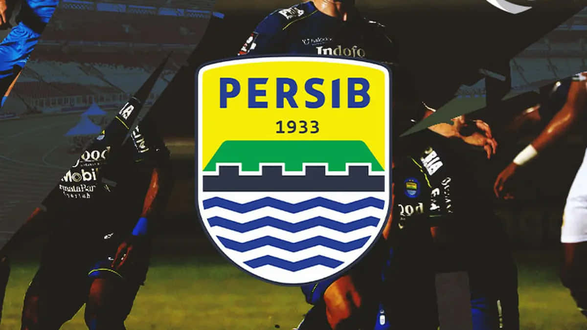 Persib 1933 crest, yellow green blue and white waves, football players in dark jerseys, SD Desktop Wallpaper