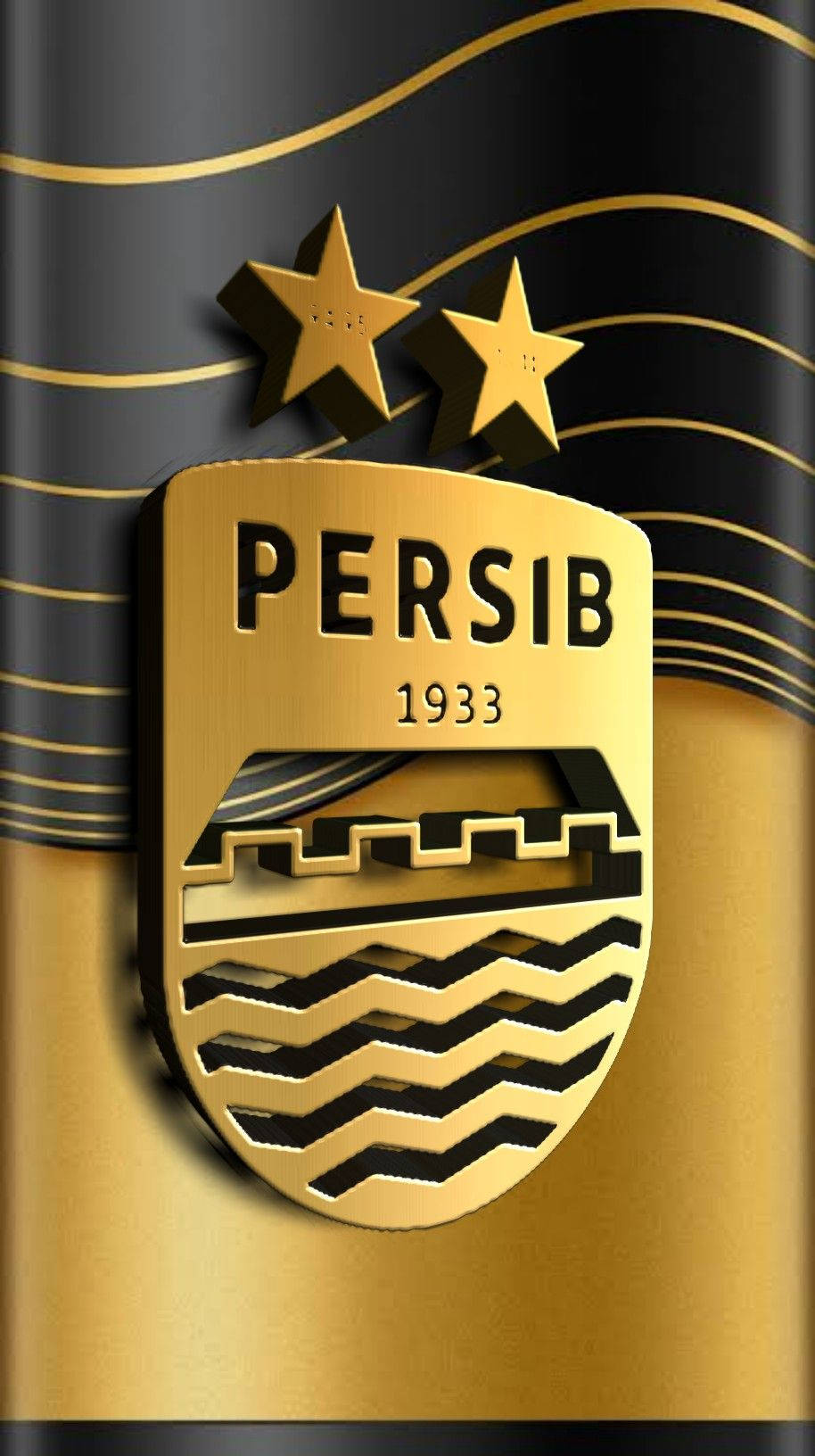 Persib 1933 crest, two stars, black and gold wavy background, HD Phone Wallpaper