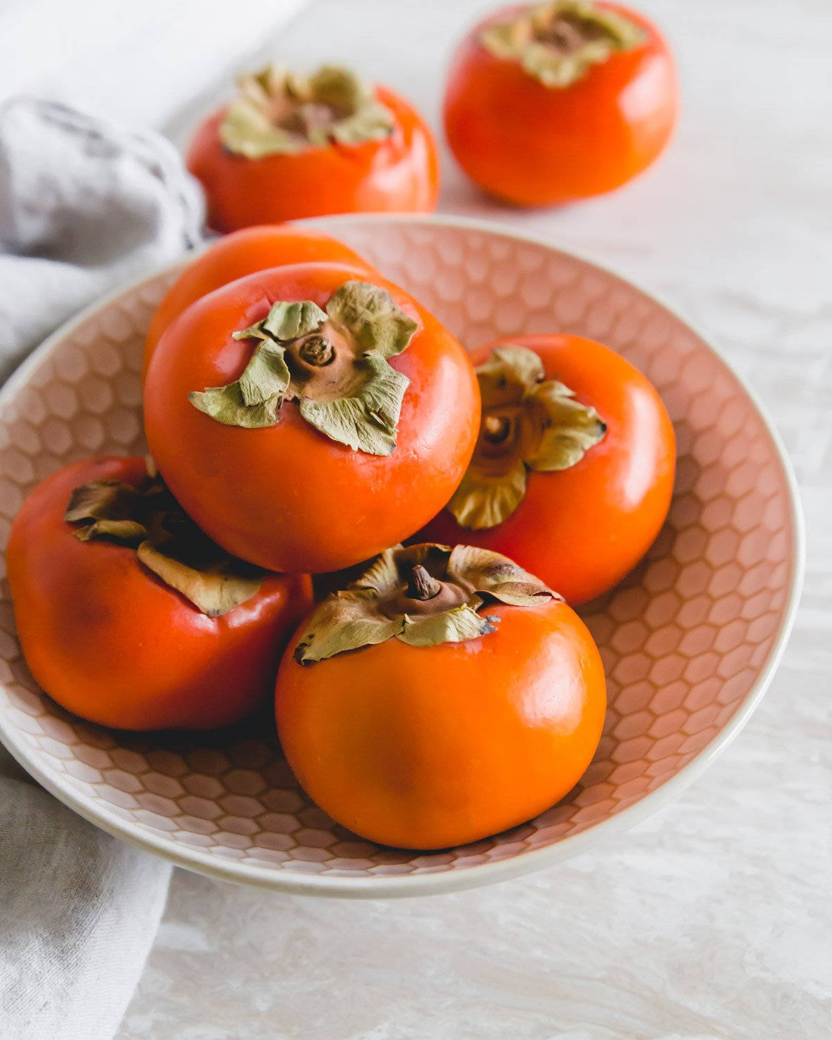 persimmon fruit, porcelain bowl, rustic table, HD Phone Wallpaper