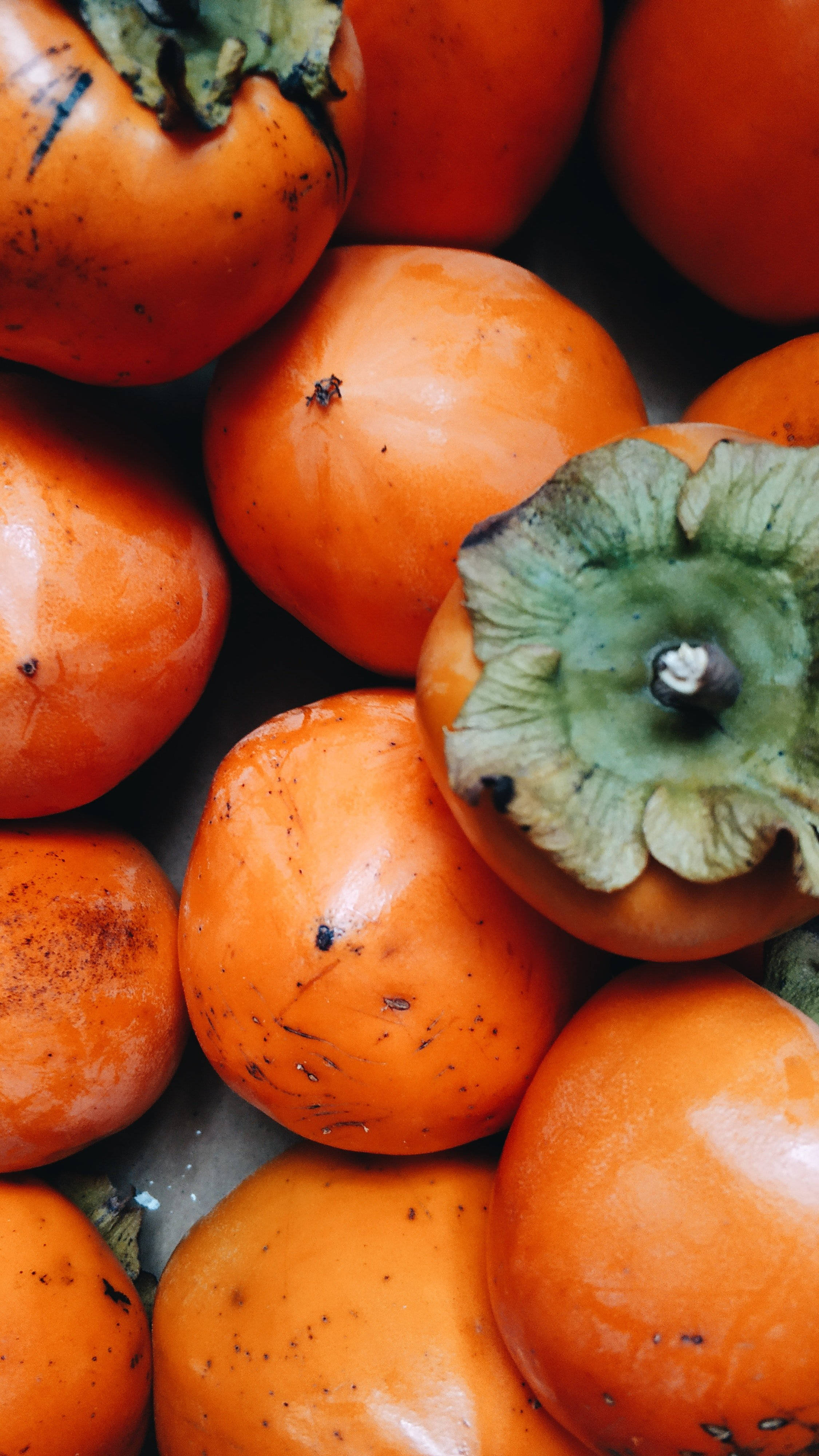 persimmon fruit, vibrant orange skin, green leafy caps, 4K Phone Wallpaper