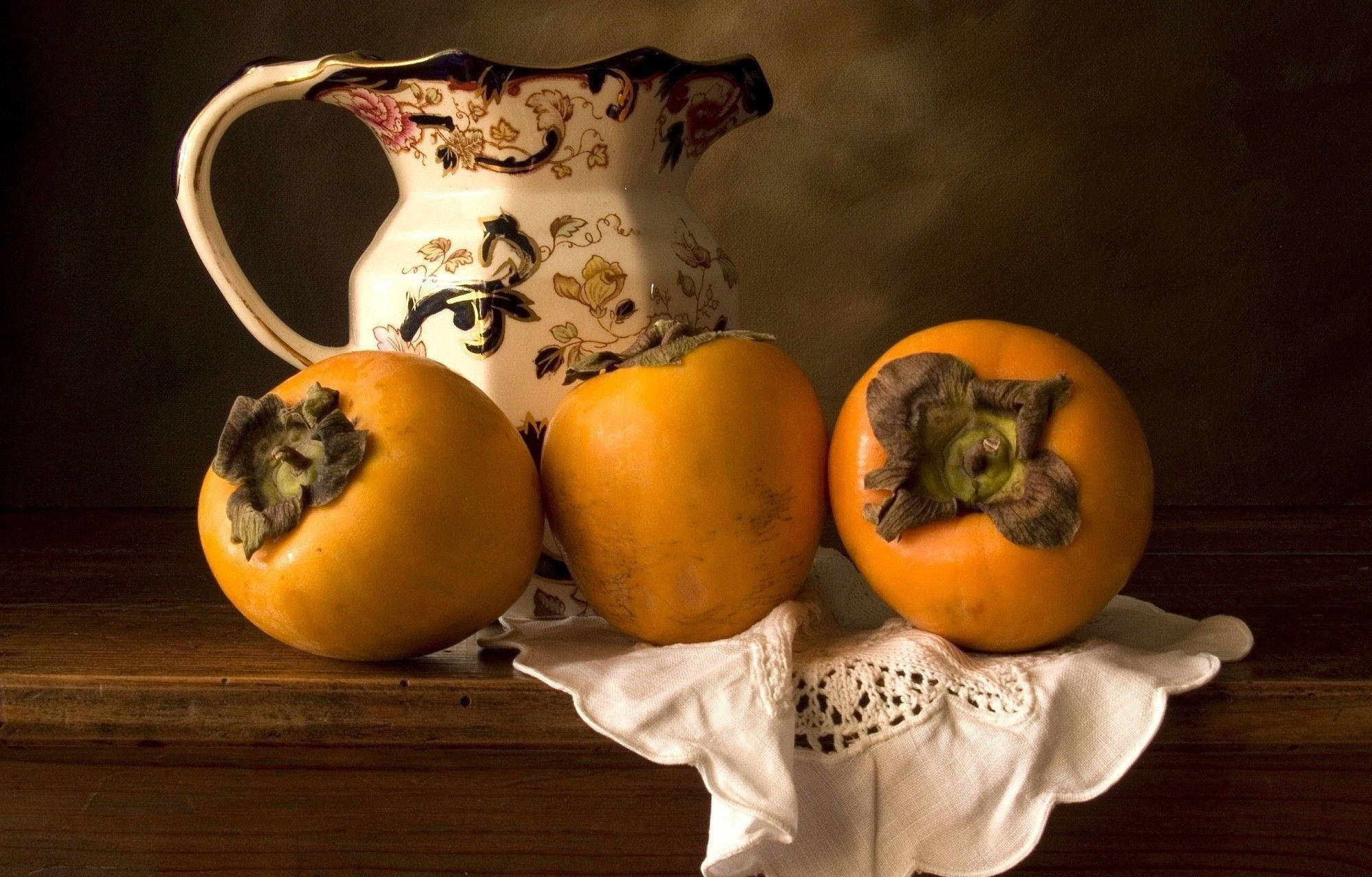 persimmon fruit, lace cloth, floral pitcher, Full HD Desktop Wallpaper