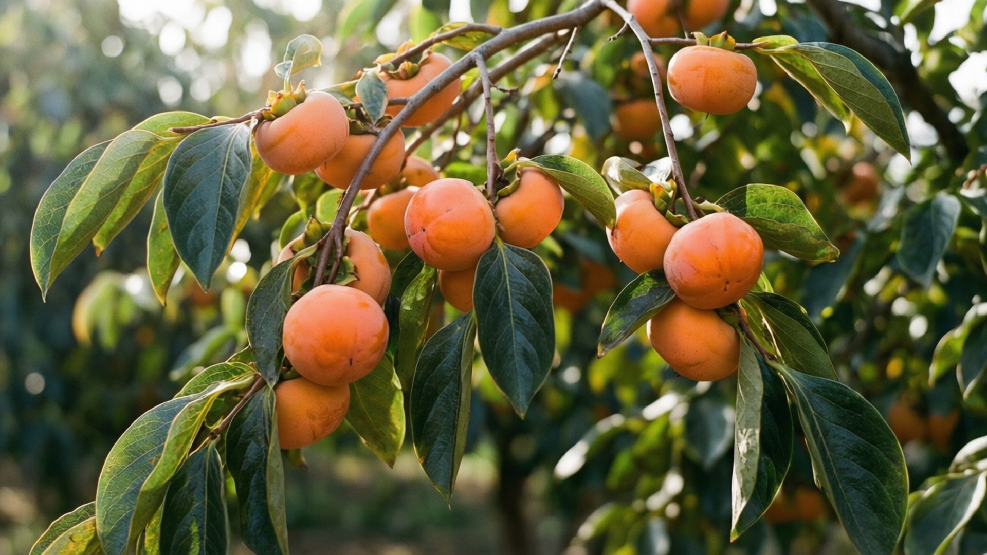 persimmon tree branch, persimmons, sunlight, Full HD Desktop Wallpaper