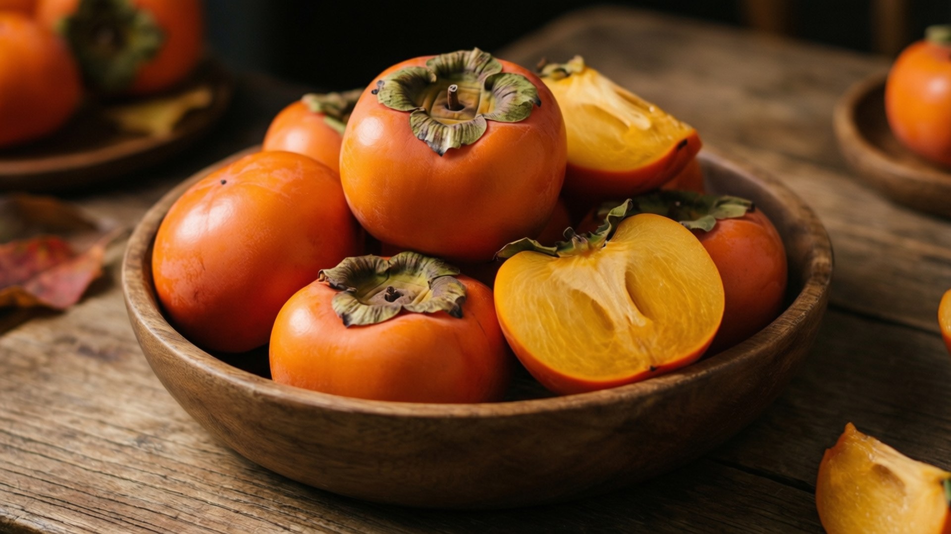 rustic wooden bowl, vibrant orange persimmons, sweet golden flesh, Full HD Desktop Wallpaper
