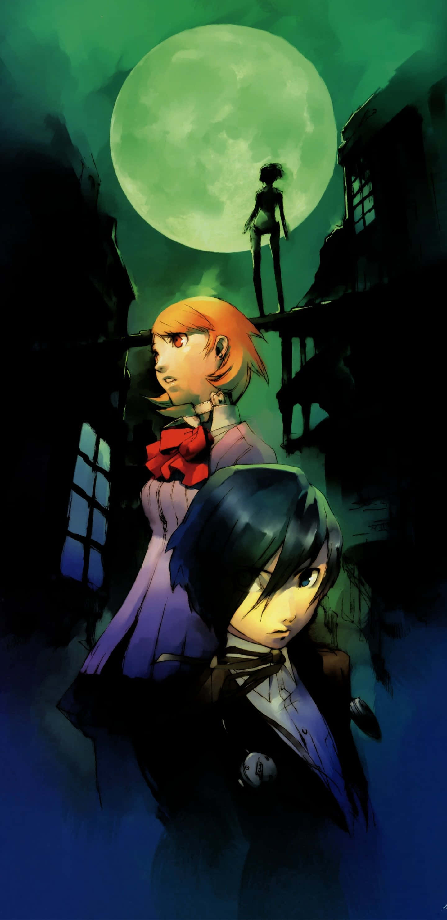 Persona 3, characters, moonlit backdrop, 2K Phone Wallpaper