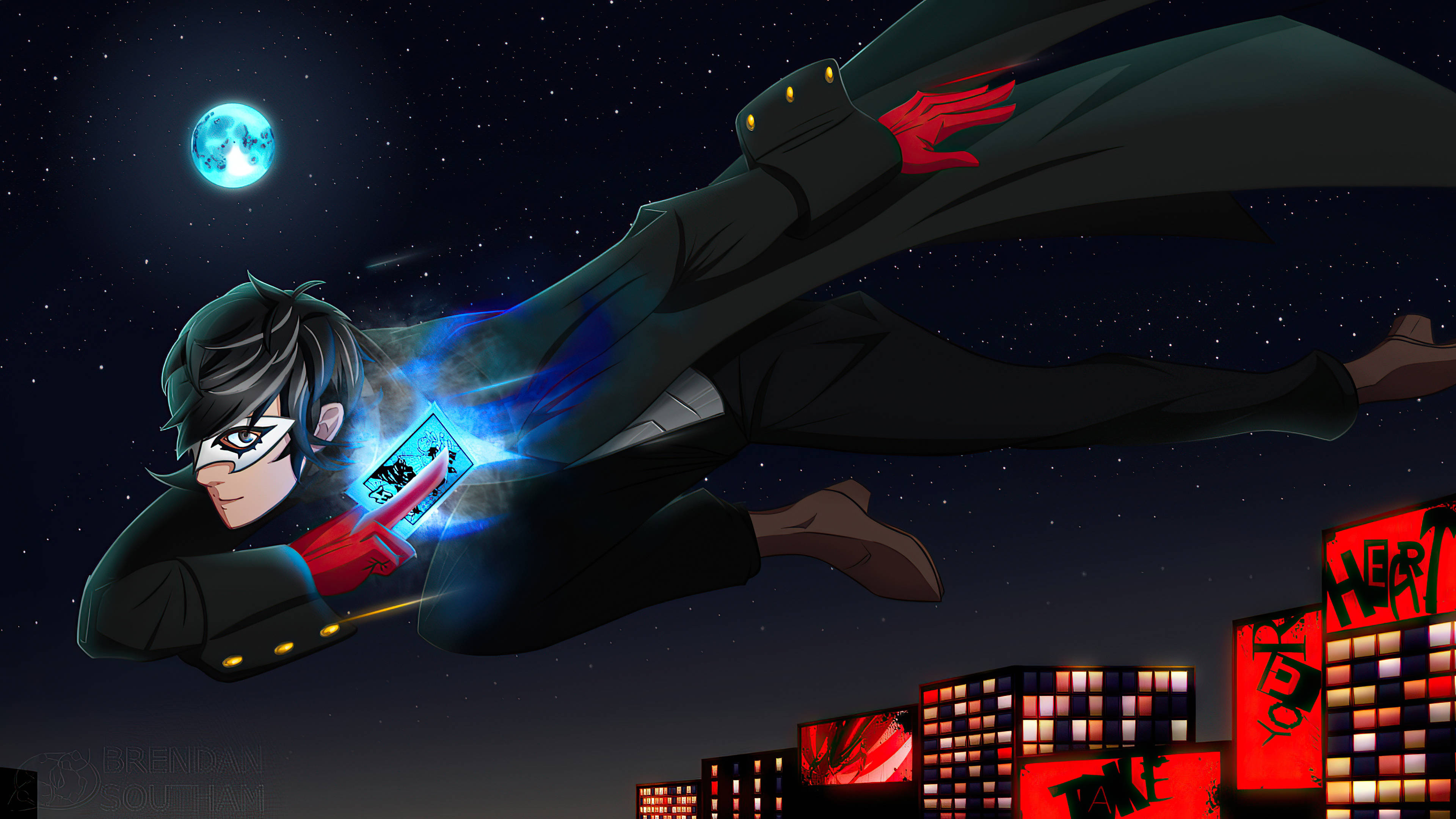Persona 5 4K, blue card, neon-lit city, 4K Desktop Wallpaper