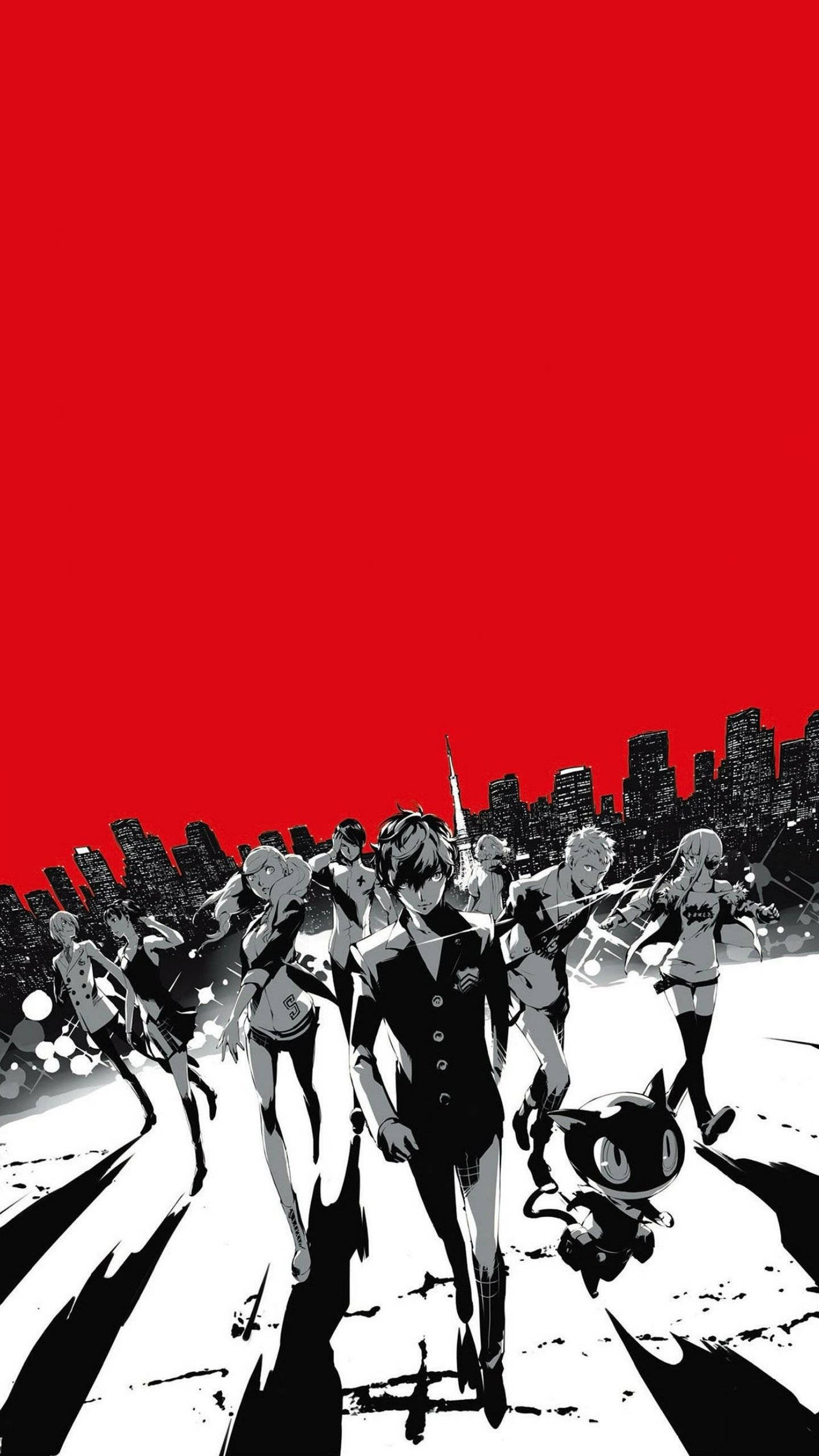 Persona 5, black and white anime group, bold red cityscape backdrop, 2K Phone Wallpaper