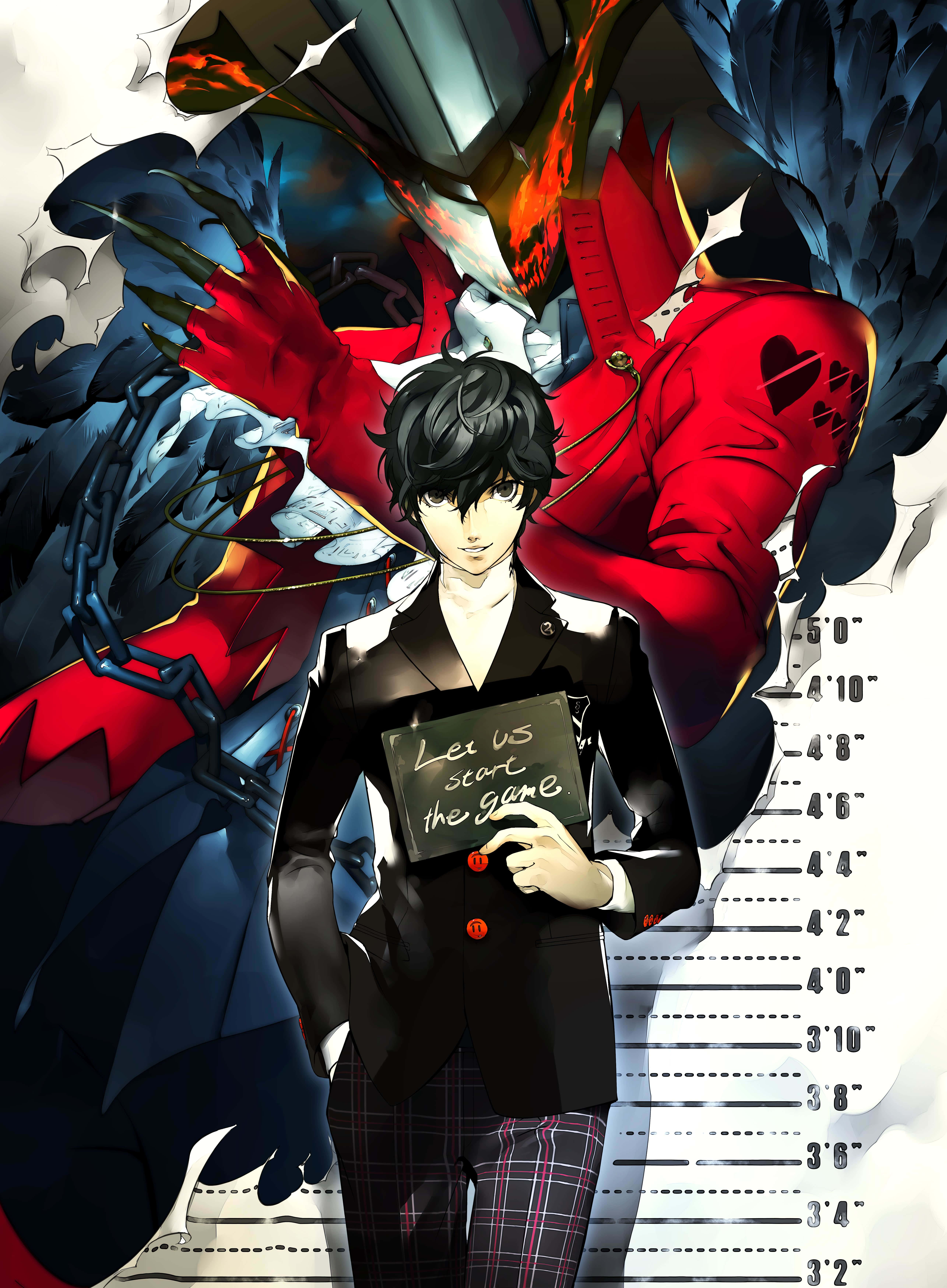 Persona 5 iPhone, young man in a suit, red and blue creatures, 5K Phone Wallpaper