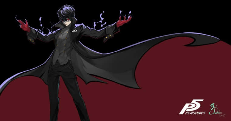 Persona 5 Logo, dark-haired anime character, black coat, SD Desktop Wallpaper