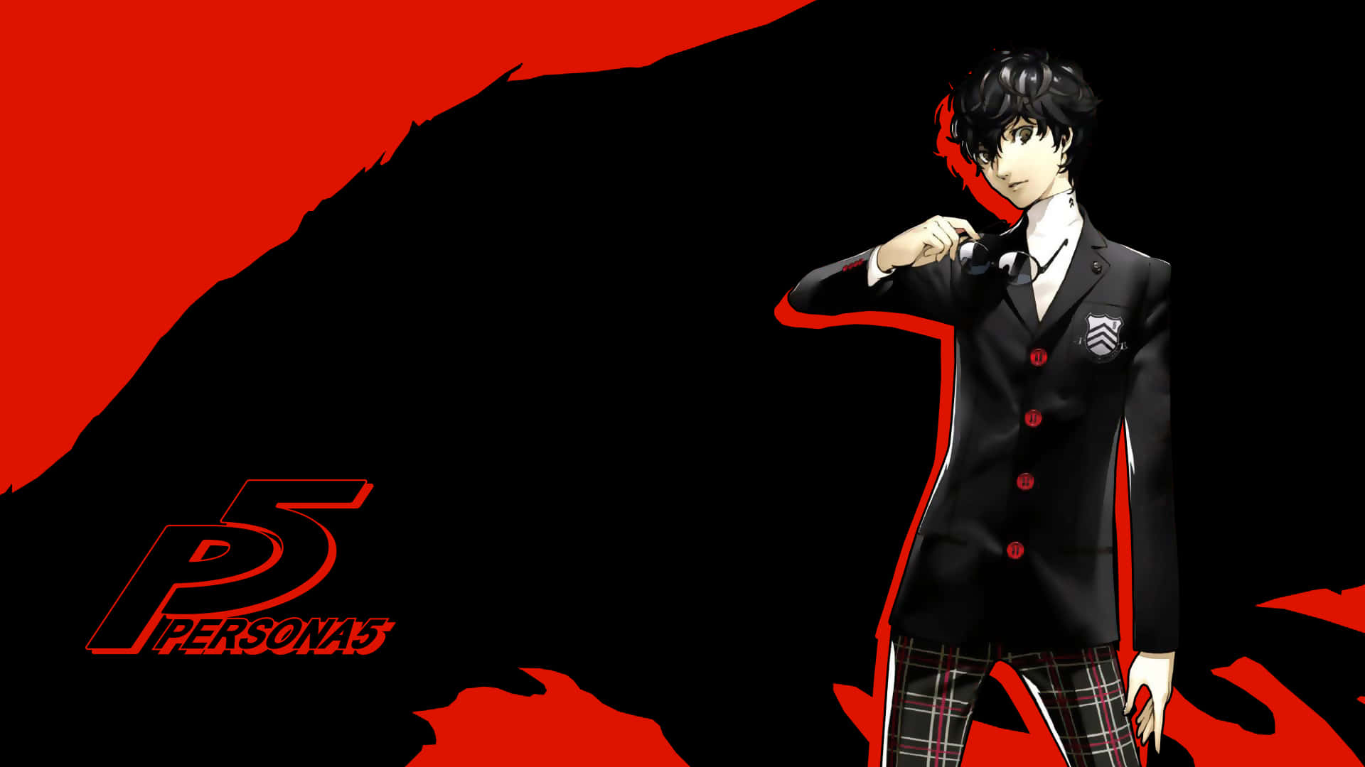 Persona 5 Logo, black school uniform, bold red and black background, Full HD Desktop Wallpaper