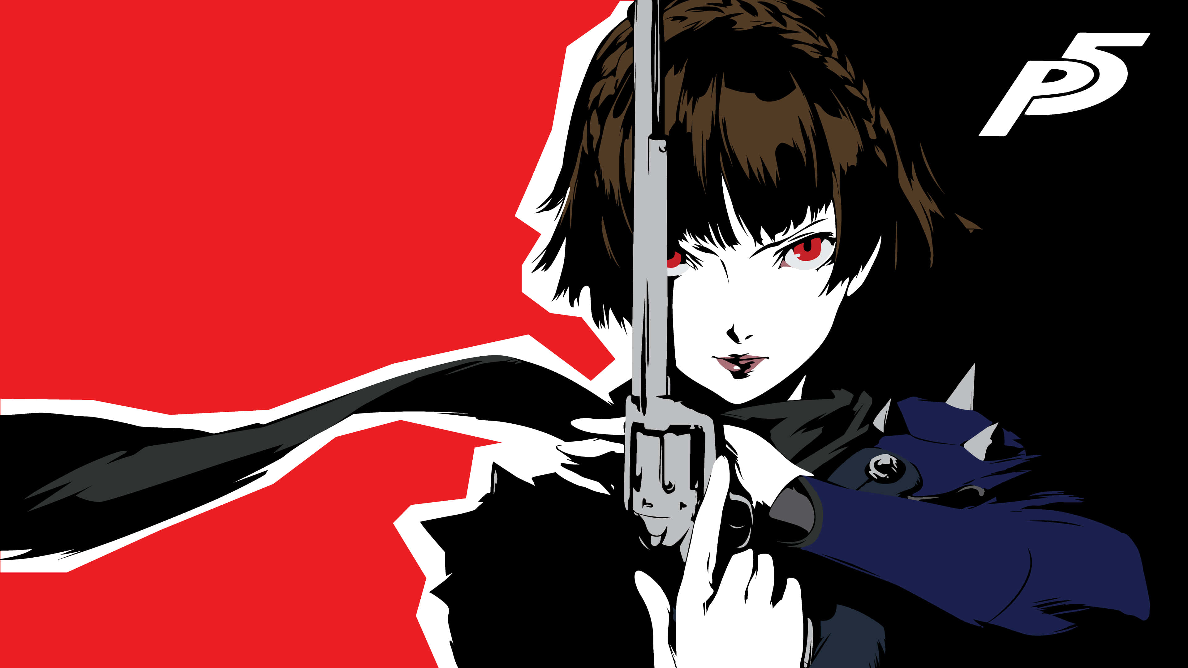 Persona 5 Logo, red eyes, brown hair, 4K Desktop Wallpaper
