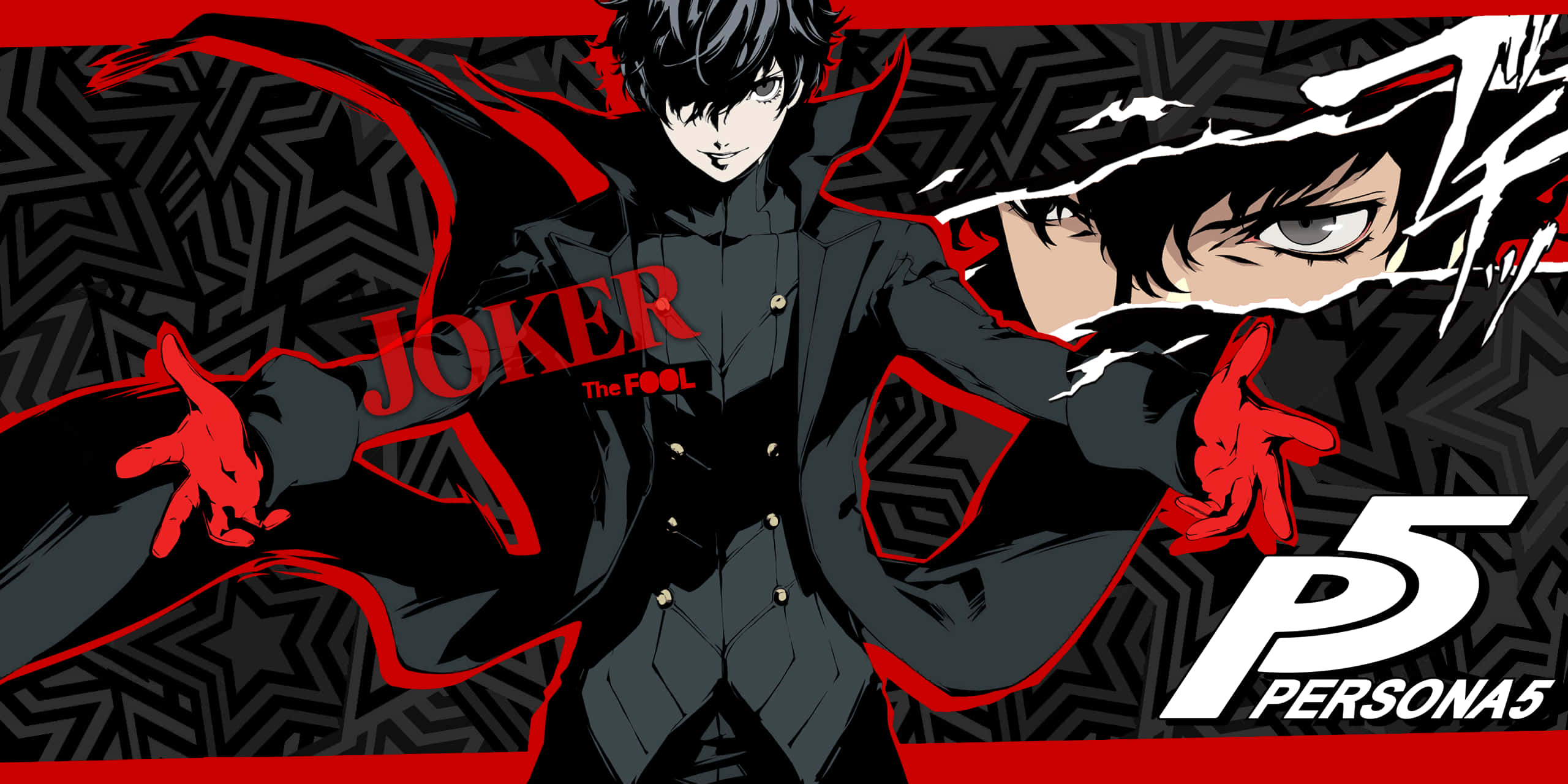 Persona 5 Logo, black suit, red accents, 2K Desktop Wallpaper