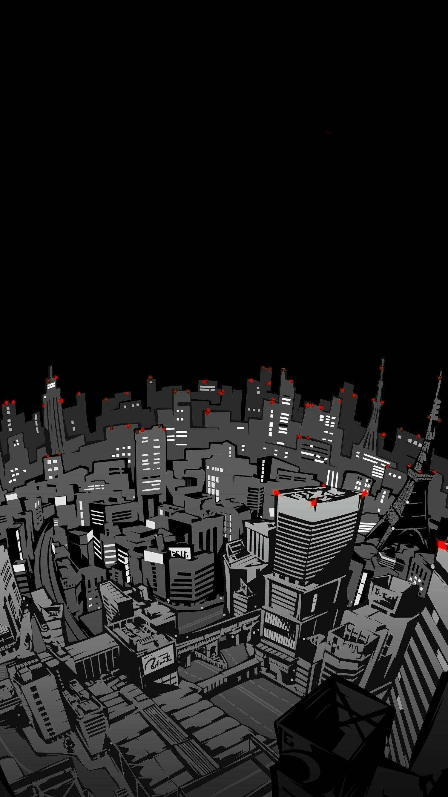 Persona 5 Phone, black and white illustration, sprawling cityscape, 2K Phone Wallpaper