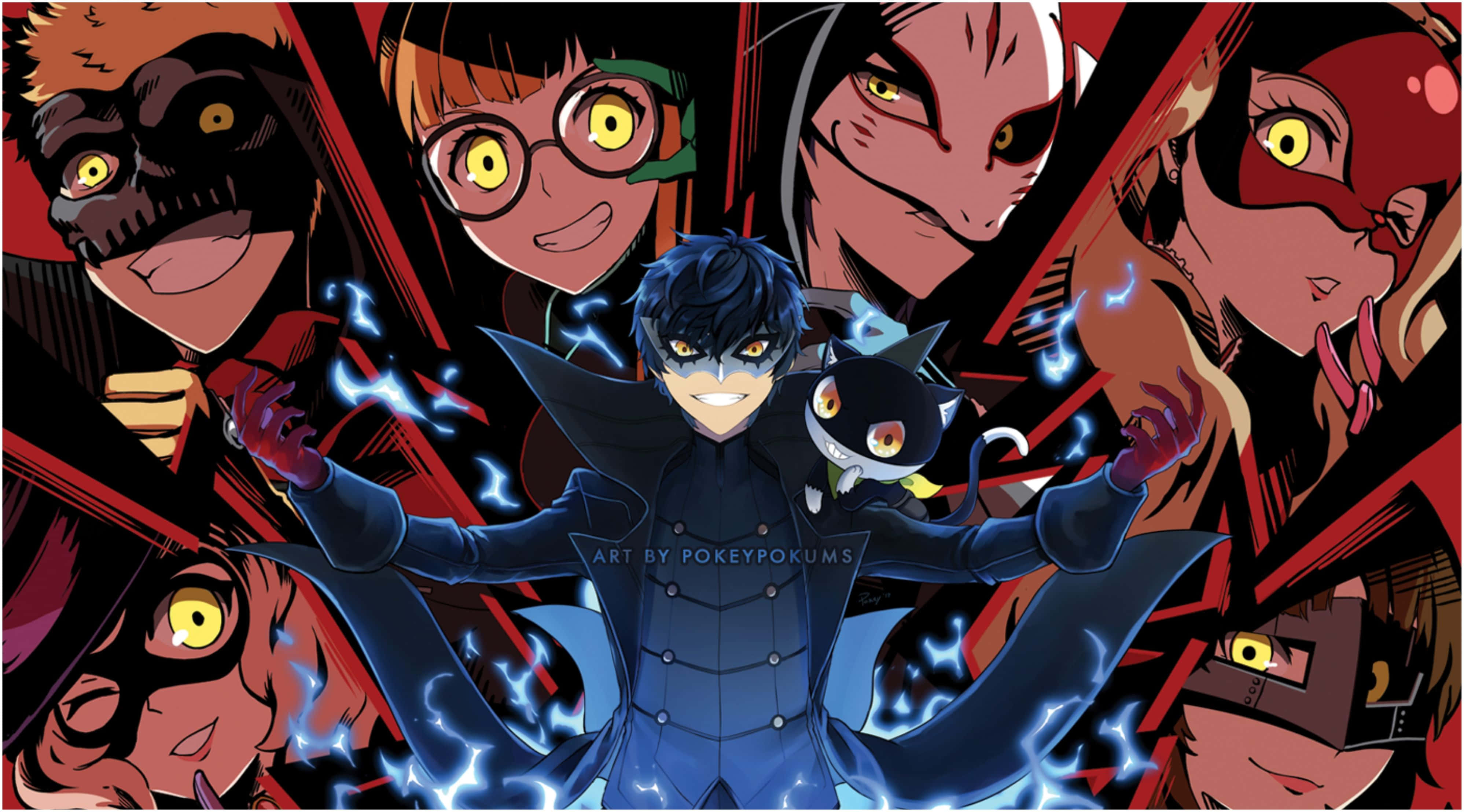 Persona 5 Strikers, blue suit, glowing yellow eyes, 4K Desktop Wallpaper