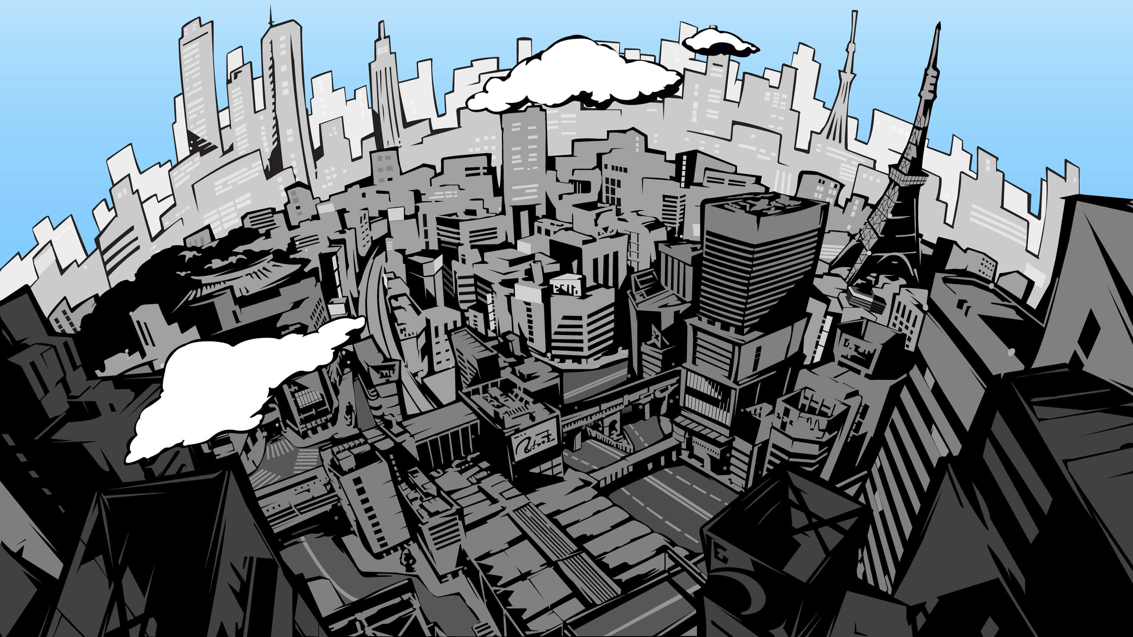 Persona 5 Strikers, black and white cartoon cityscape, towering skyscrapers, 4K Desktop Wallpaper