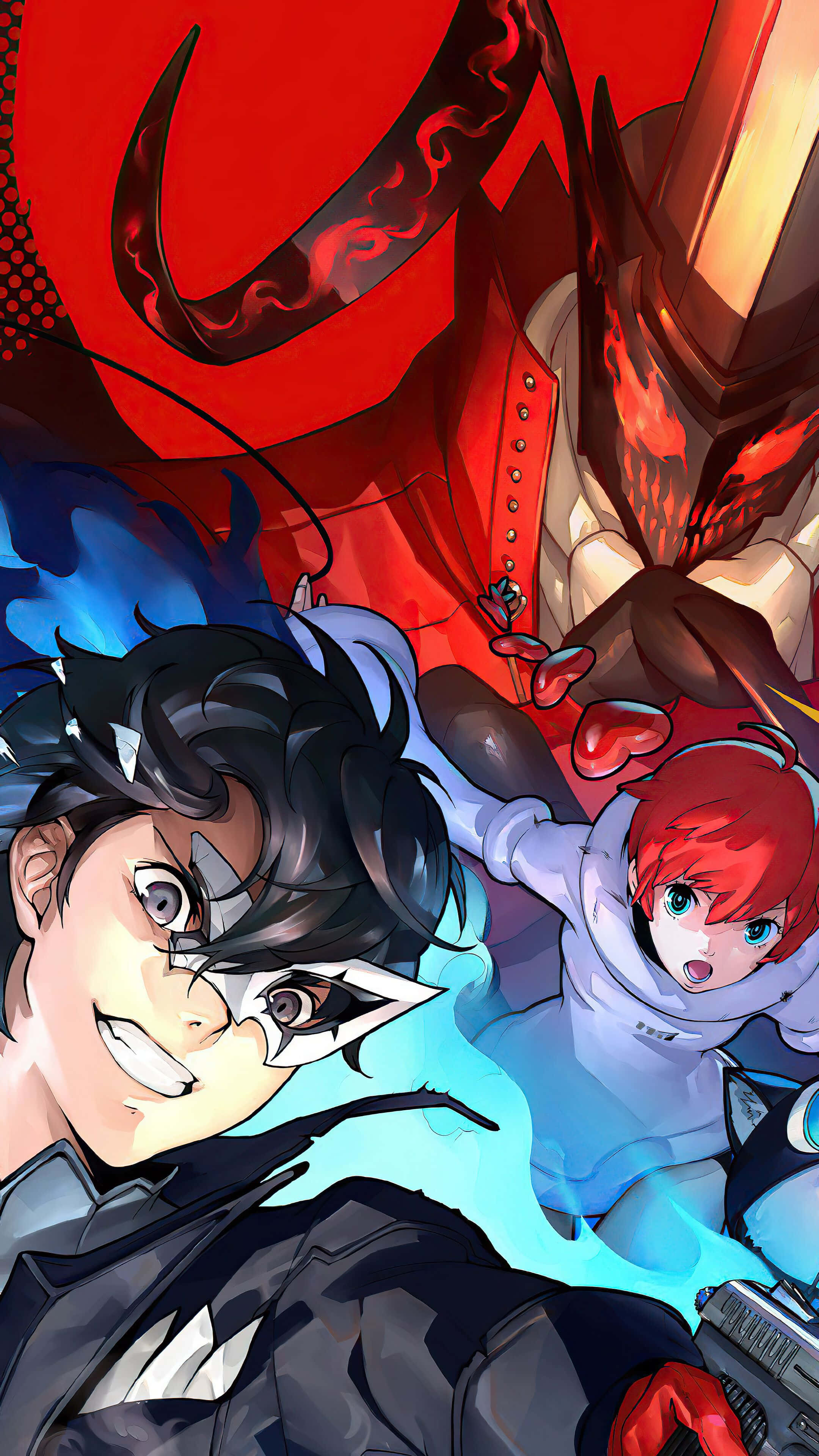 Persona 5 Strikers, red and blue energy, fiery background, 4K Phone Wallpaper