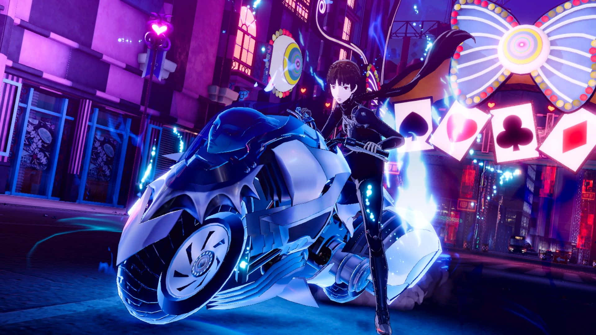 Persona 5 Strikers, cyberpunk anime girl, glowing blue motorcycle, Full HD Desktop Wallpaper