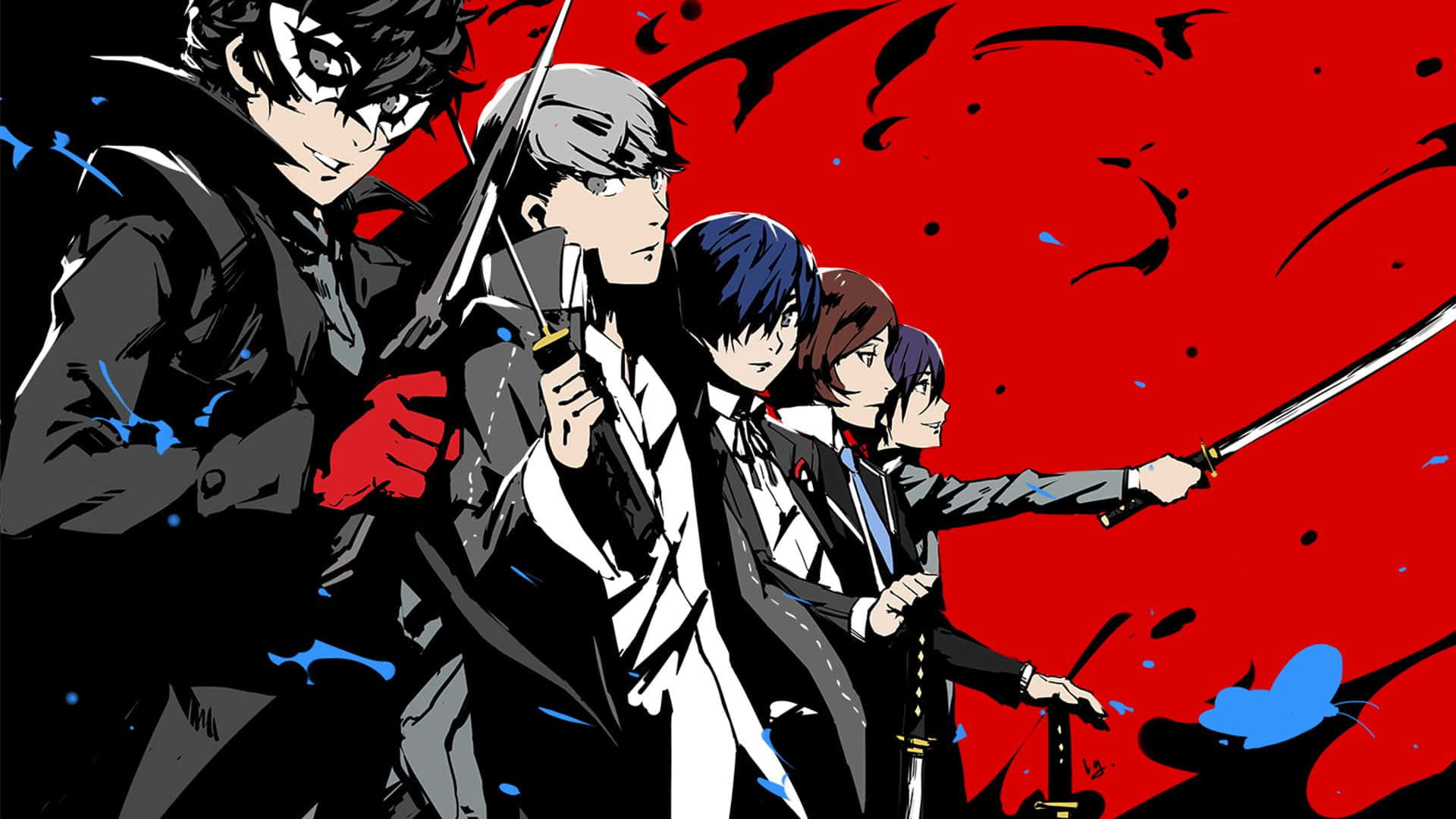 Persona 5 Strikers, anime characters in suits, swords, Full HD Desktop Wallpaper