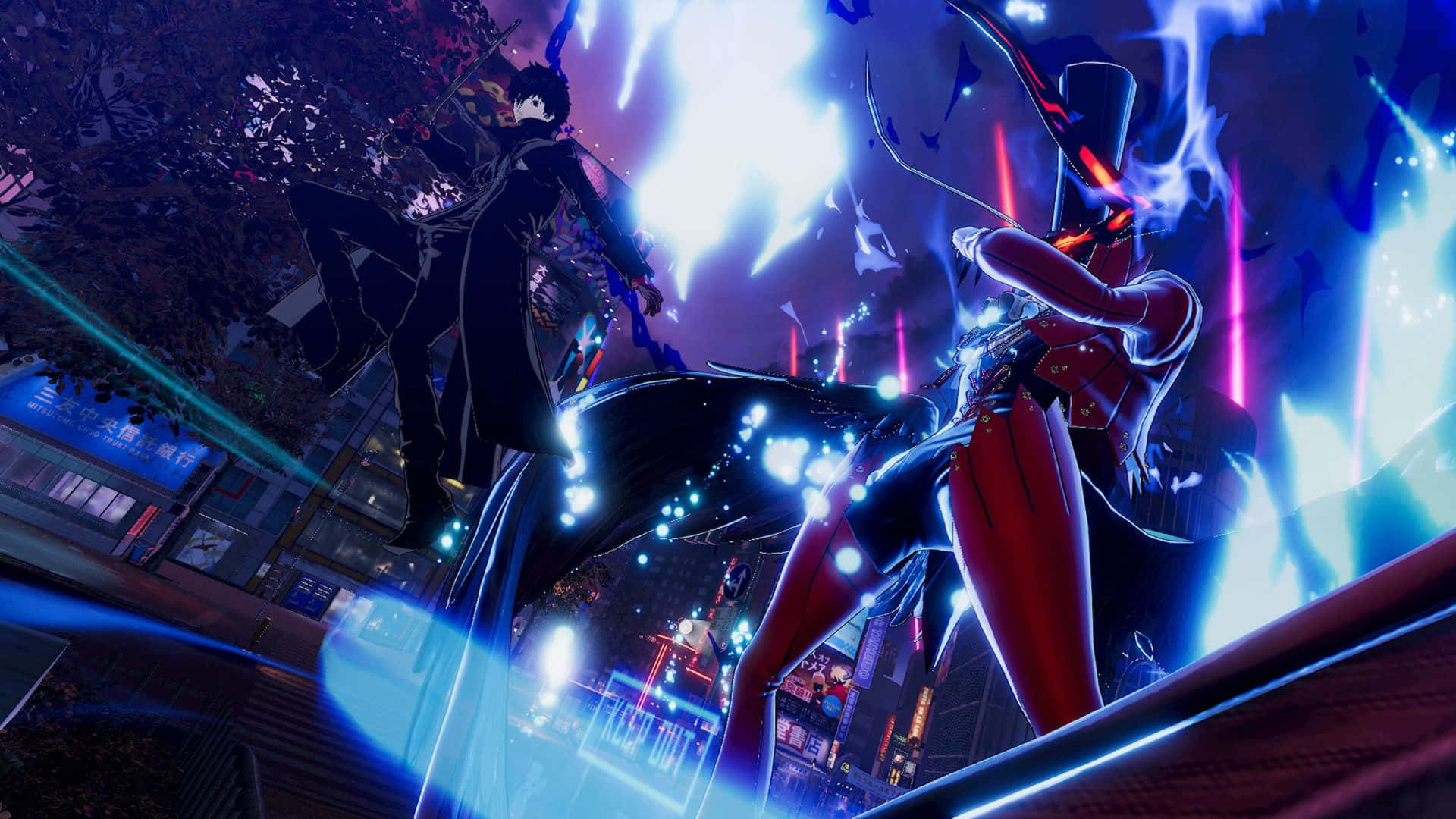 Persona 5 Strikers, neon-drenched urban night, electric blue energy bursts, Full HD Desktop Wallpaper