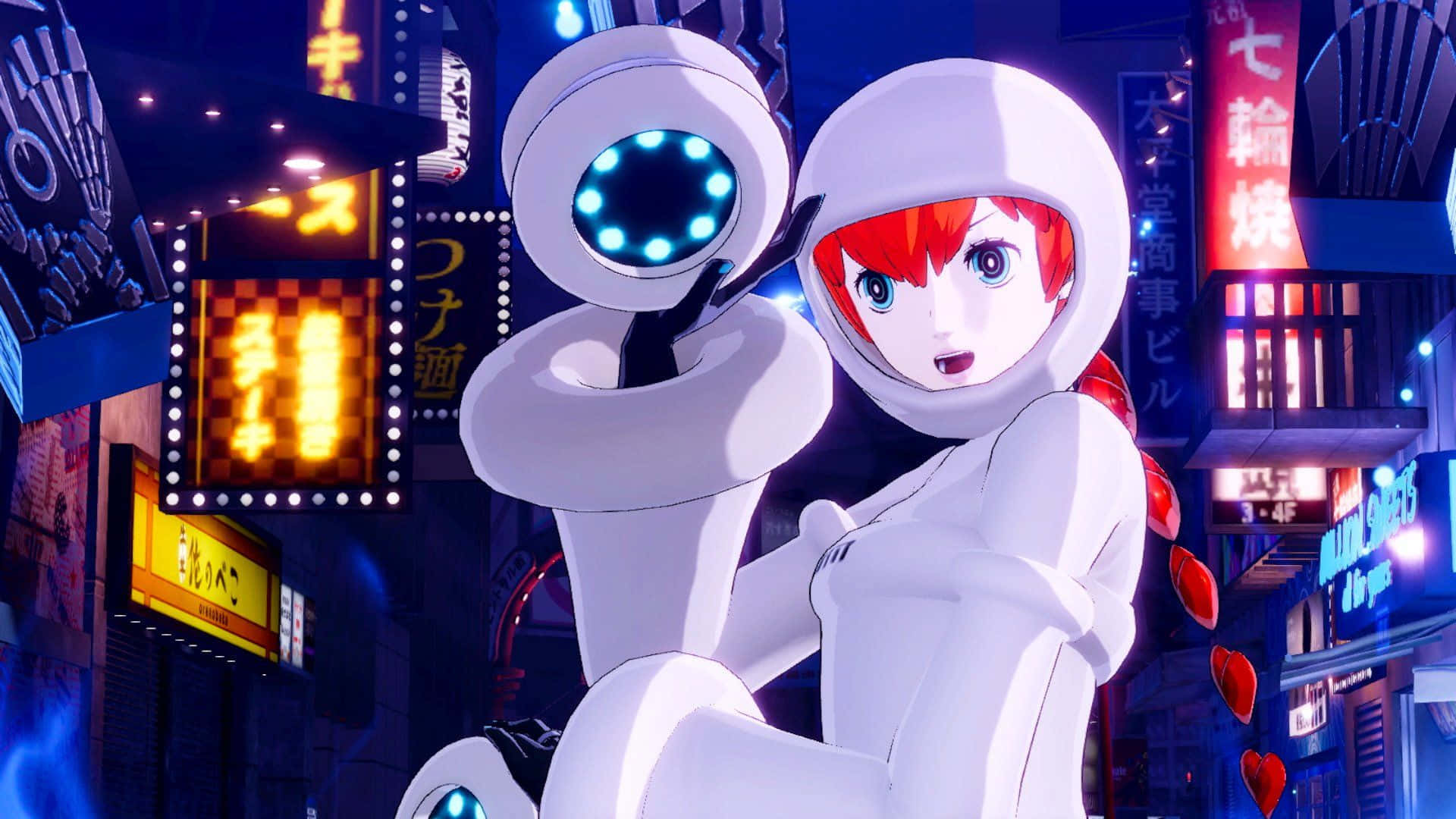 Persona 5 Strikers, red-haired anime girl, white suit, Full HD Desktop Wallpaper