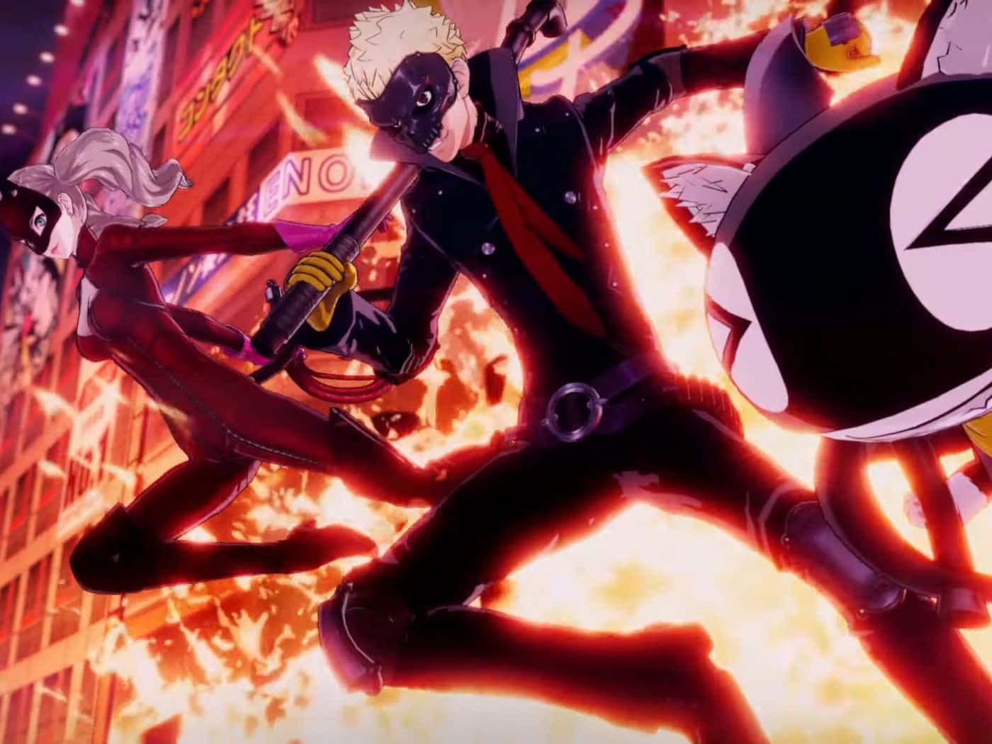 Persona 5 Strikers, masked anime heroes, fiery urban alleyway, HD Desktop Wallpaper