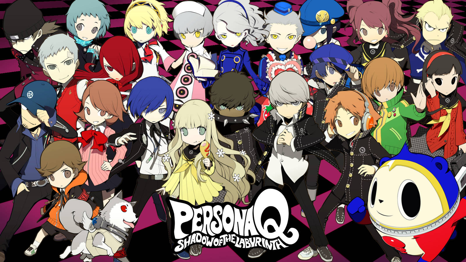 Persona Q, anime group portrait, pink and black checkered background, HD Desktop Wallpaper