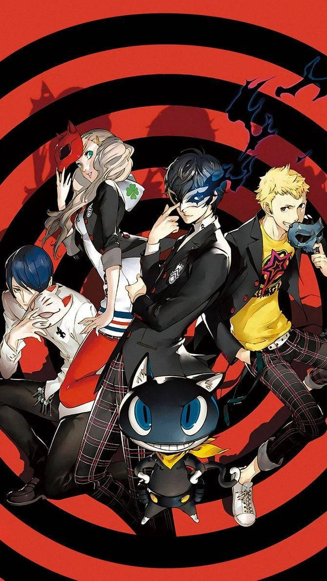 Persona 5, anime characters, cat mascot, SD Phone Wallpaper