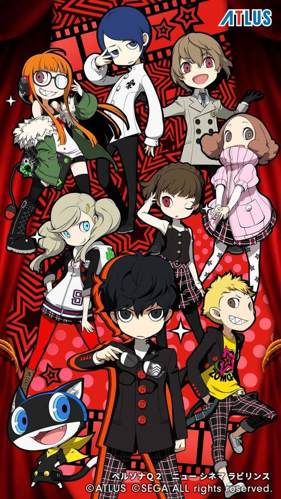 Persona 5, chibi characters, red patterned curtain, SD Phone Wallpaper