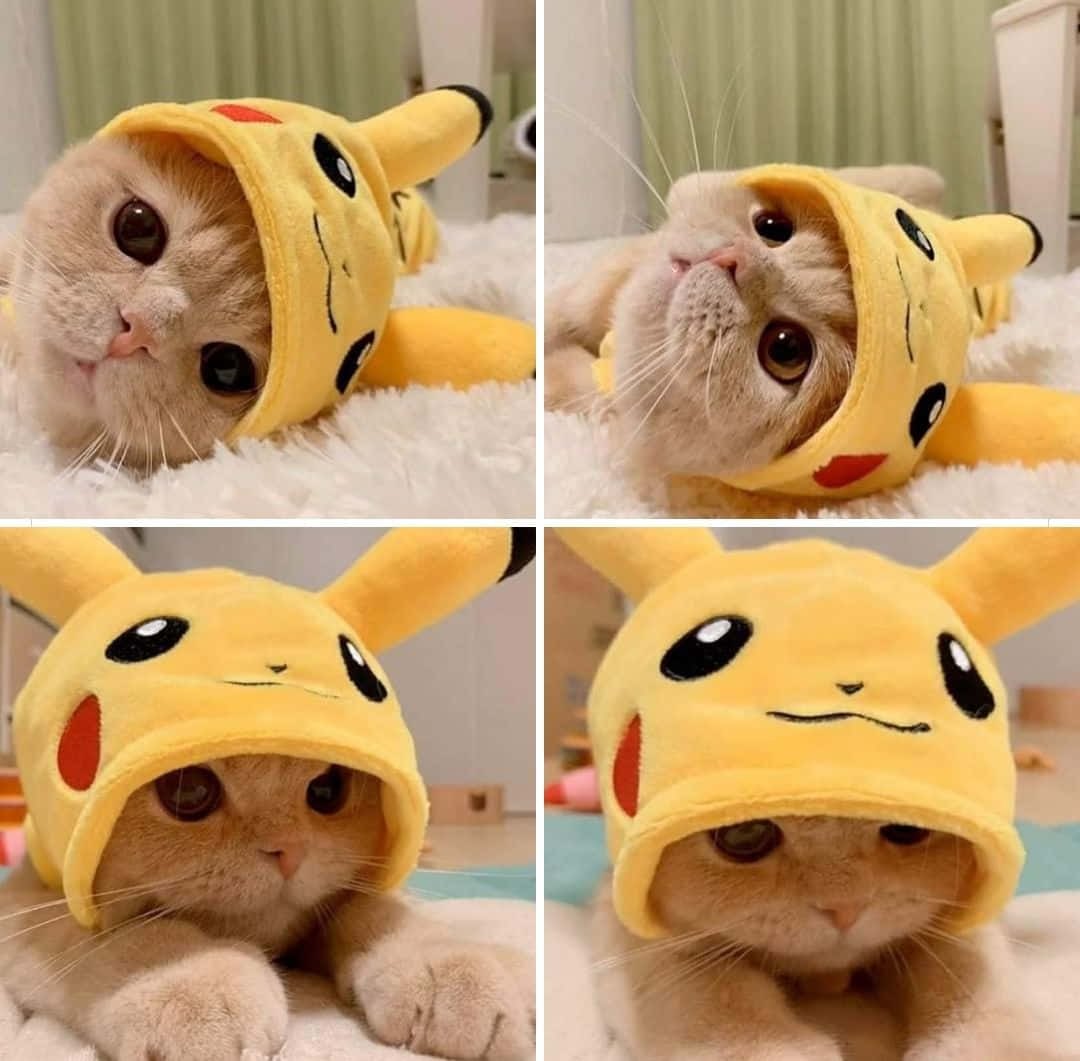 fluffy cream cat, yellow Pikachu costume, adorably curious, SD Desktop Wallpaper