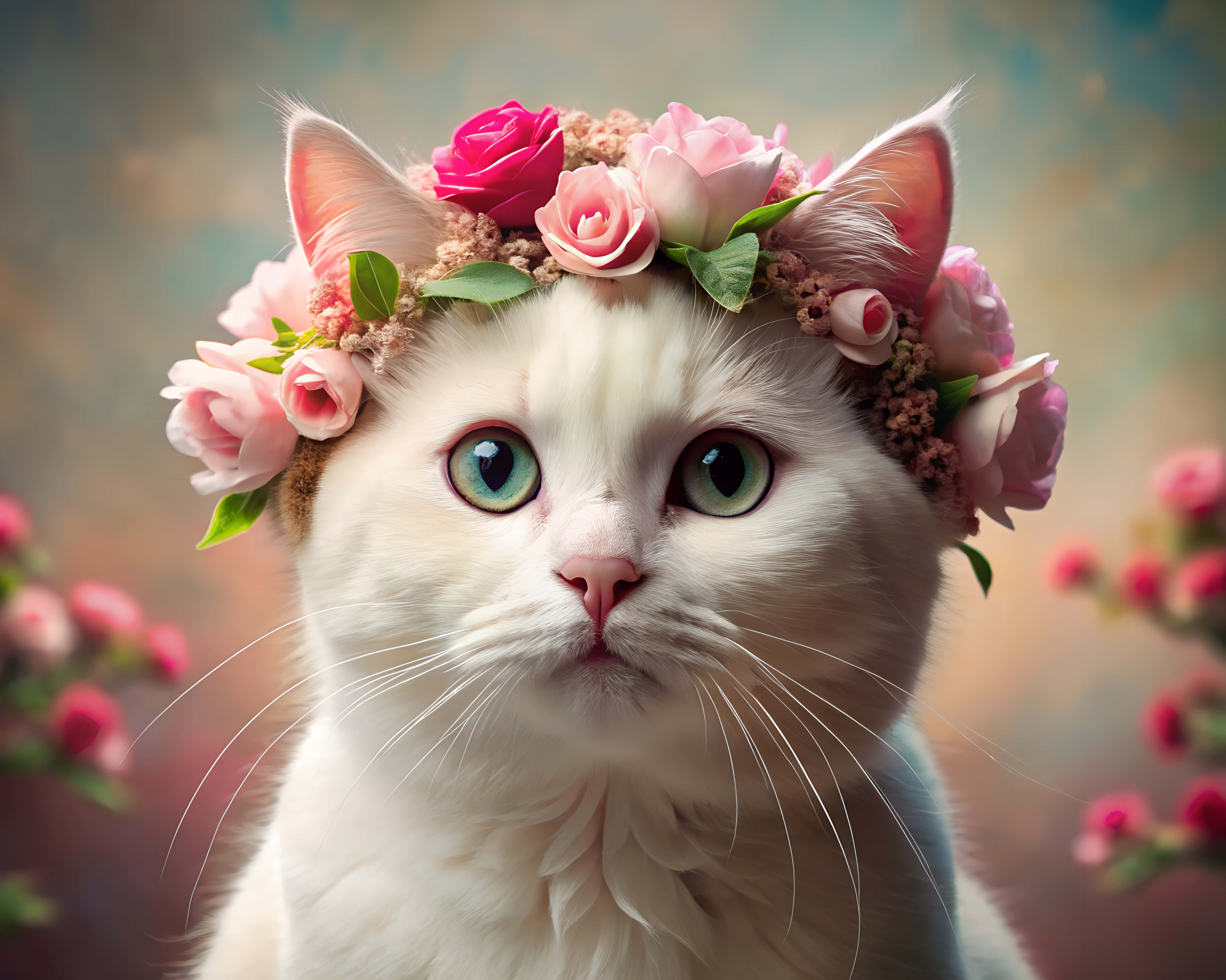 white cat, green eyes, crown of pink roses, 4K Desktop Wallpaper