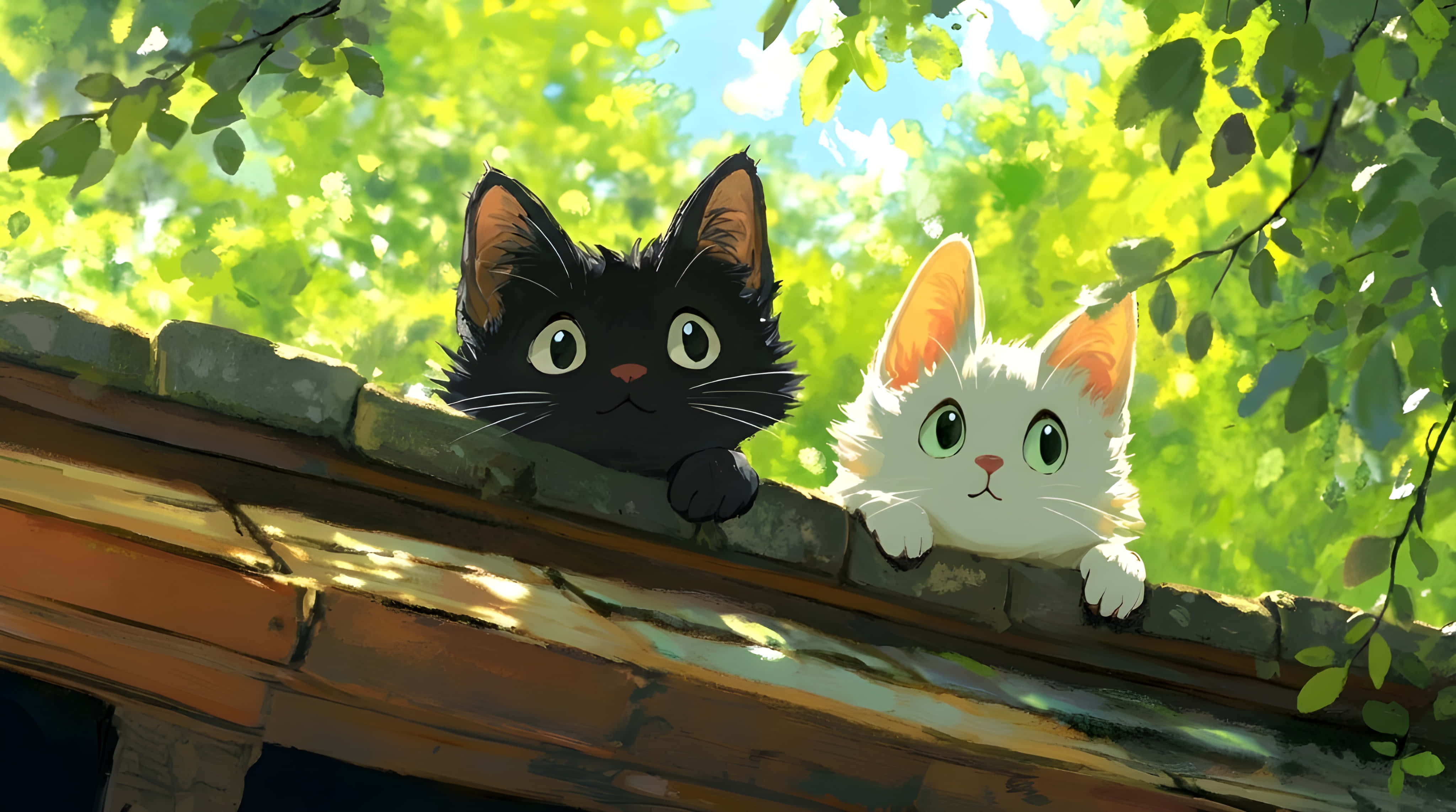 anime style, cats, sunny garden, 4K Desktop Wallpaper
