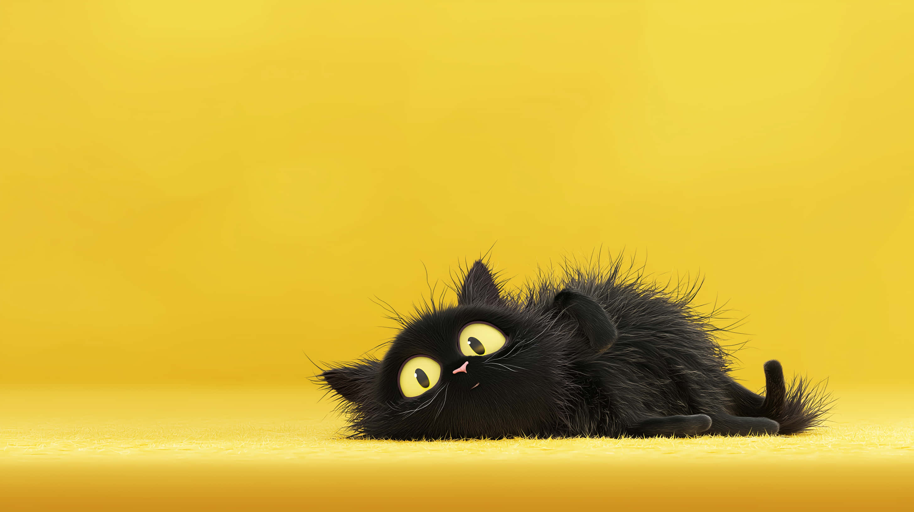 fluffy black kitten, bright yellow eyes, solid yellow background, 2K Desktop Wallpaper
