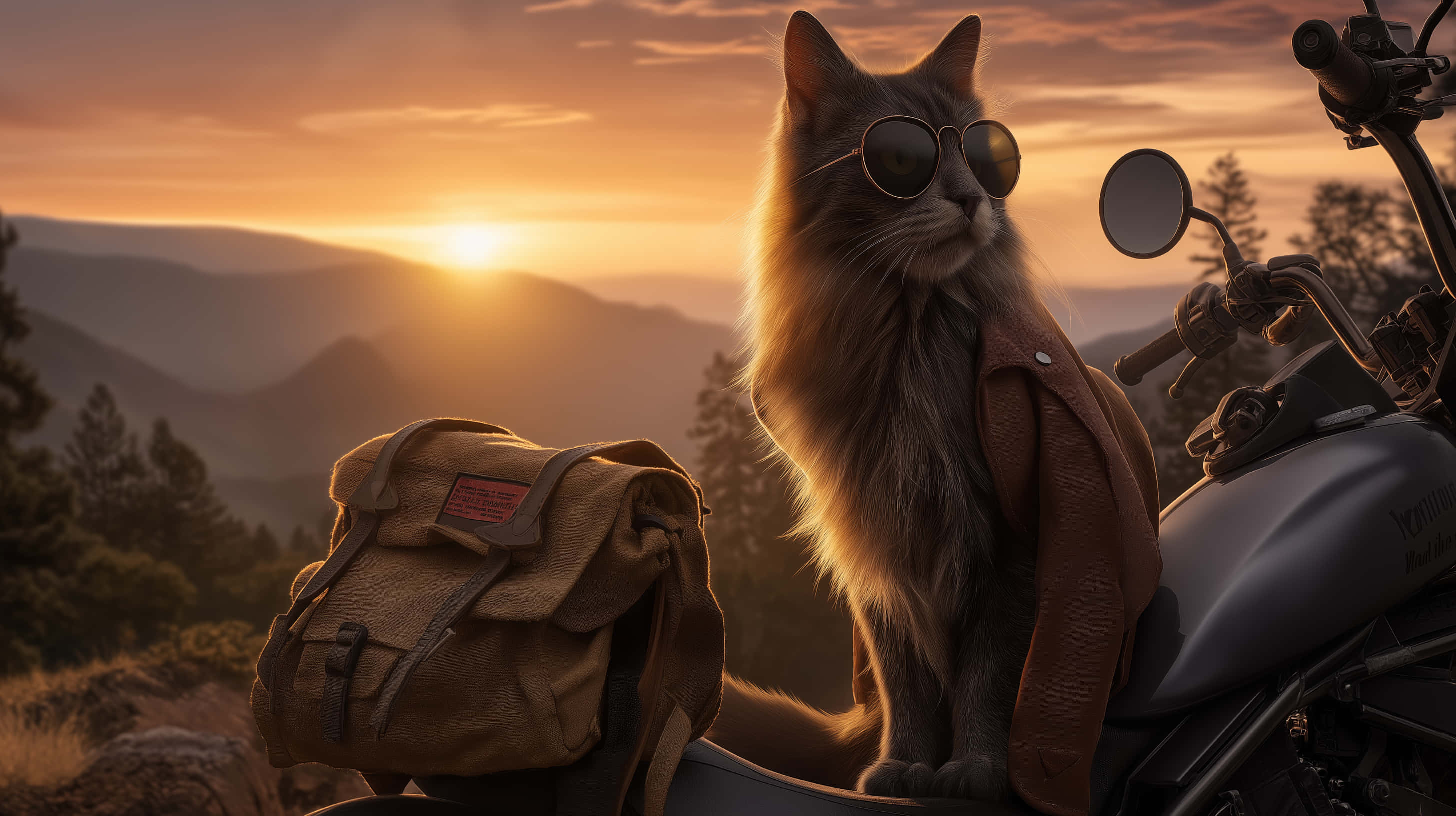 rider cat, motorcycle, sunset, 2K Desktop Wallpaper
