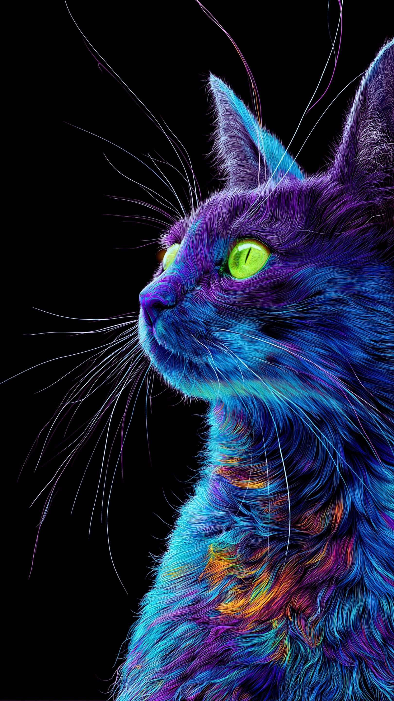 electric blue and purple fur, glowing green eyes, neon cat, 2K Phone Wallpaper