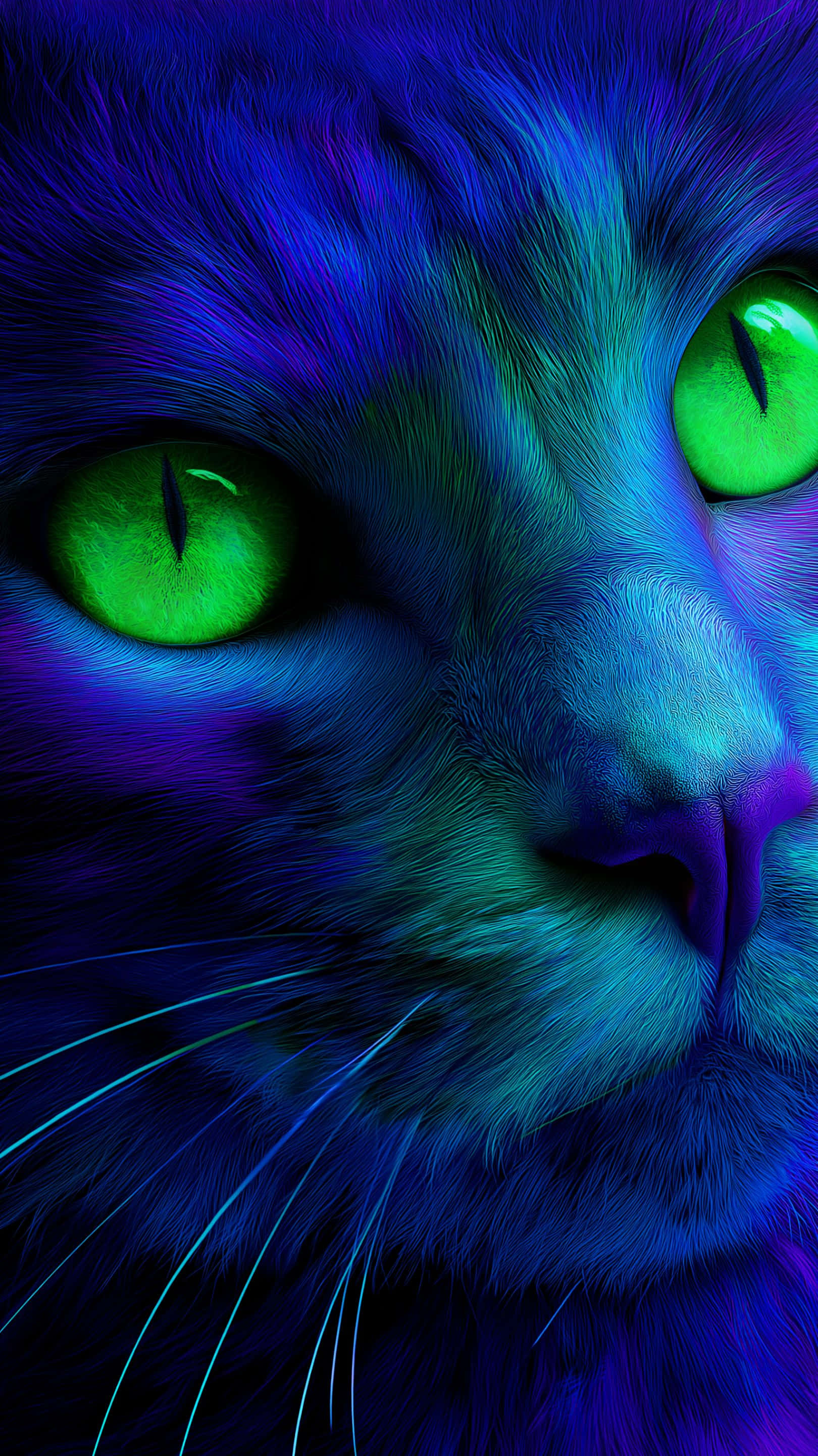 mystical cat, vivid neon fur, piercing emerald eyes, 2K Phone Wallpaper