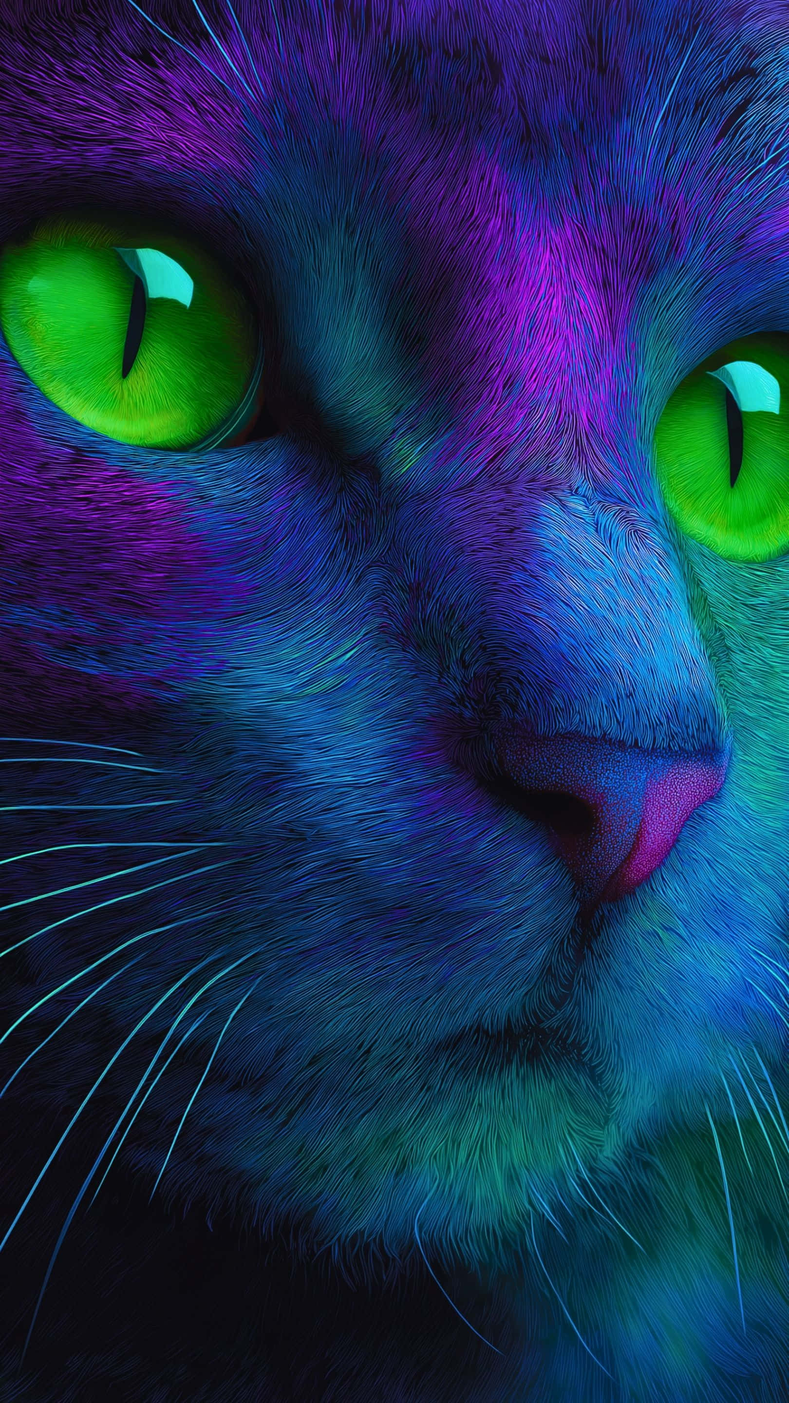 neon cat, glowing green eyes, neon purple blue and green hues, 2K Phone Wallpaper