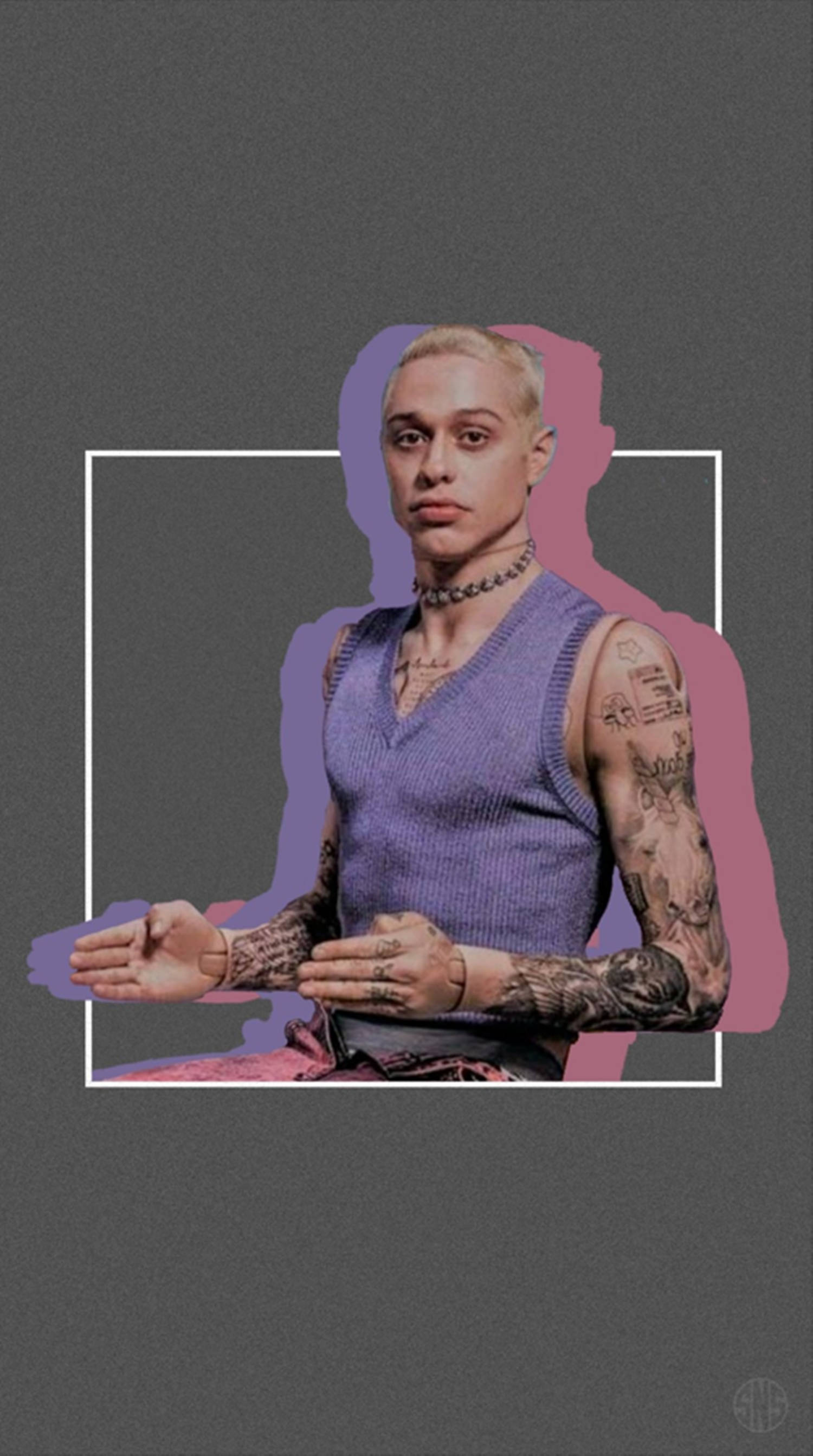Pete Davidson, purple vest, dark gray background, 2K Phone Wallpaper