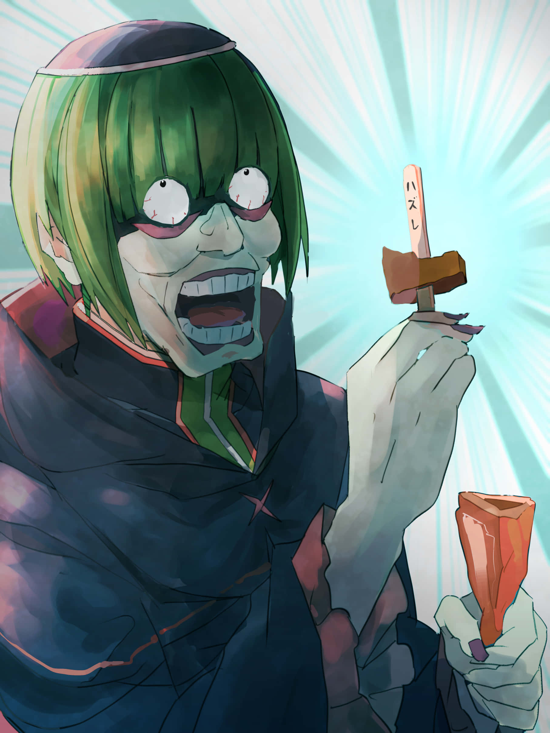 Petelgeuse Romanee-conti, green-haired anime character, crazed grin, Full HD Phone Wallpaper