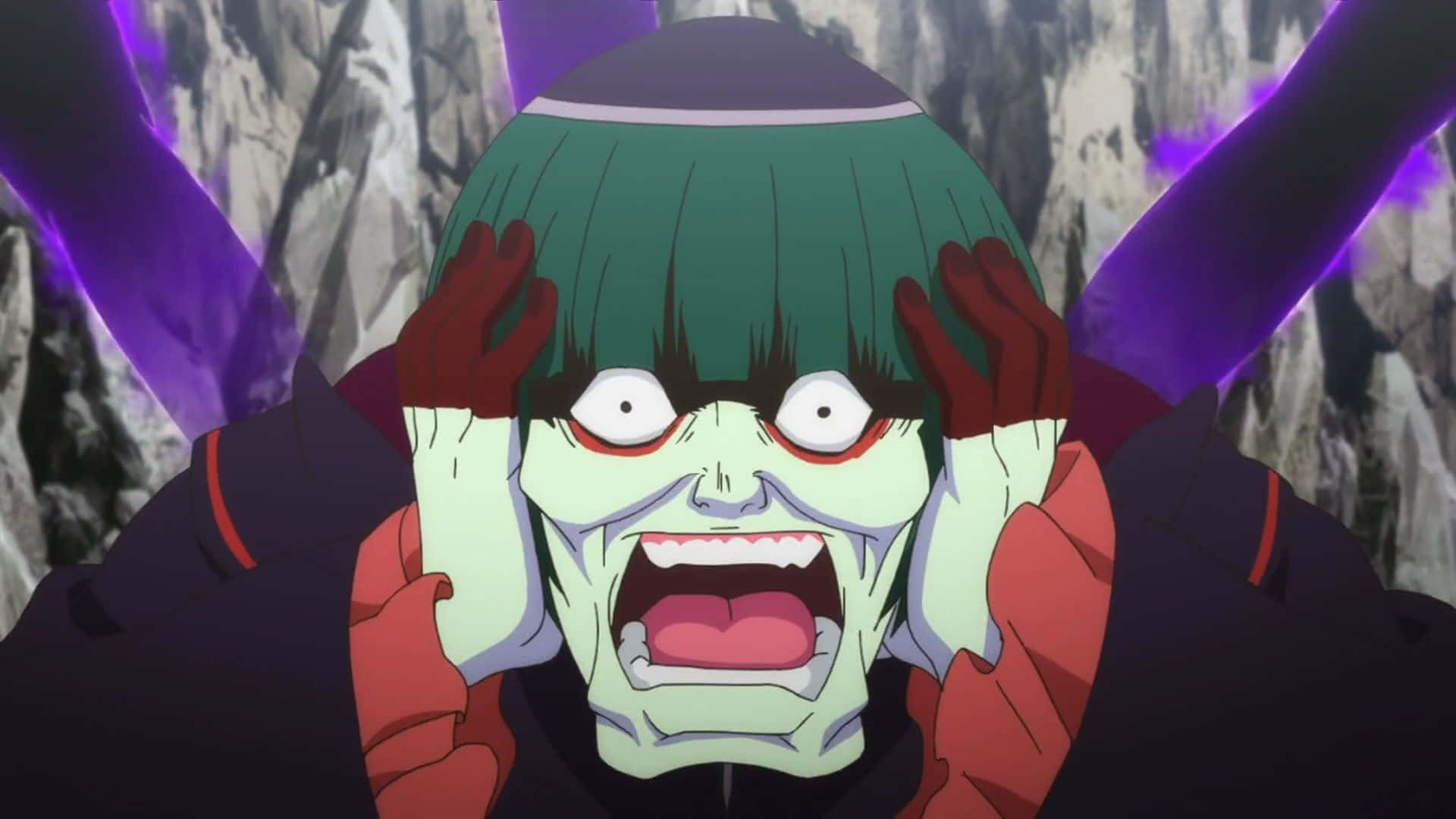 Petelgeuse Romanee-Conti, green-haired anime character, purple energy beams, Full HD Desktop Wallpaper