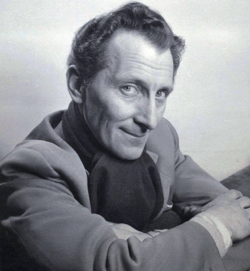 Peter Cushing, black and white portrait, smiling man, SD Phone Wallpaper