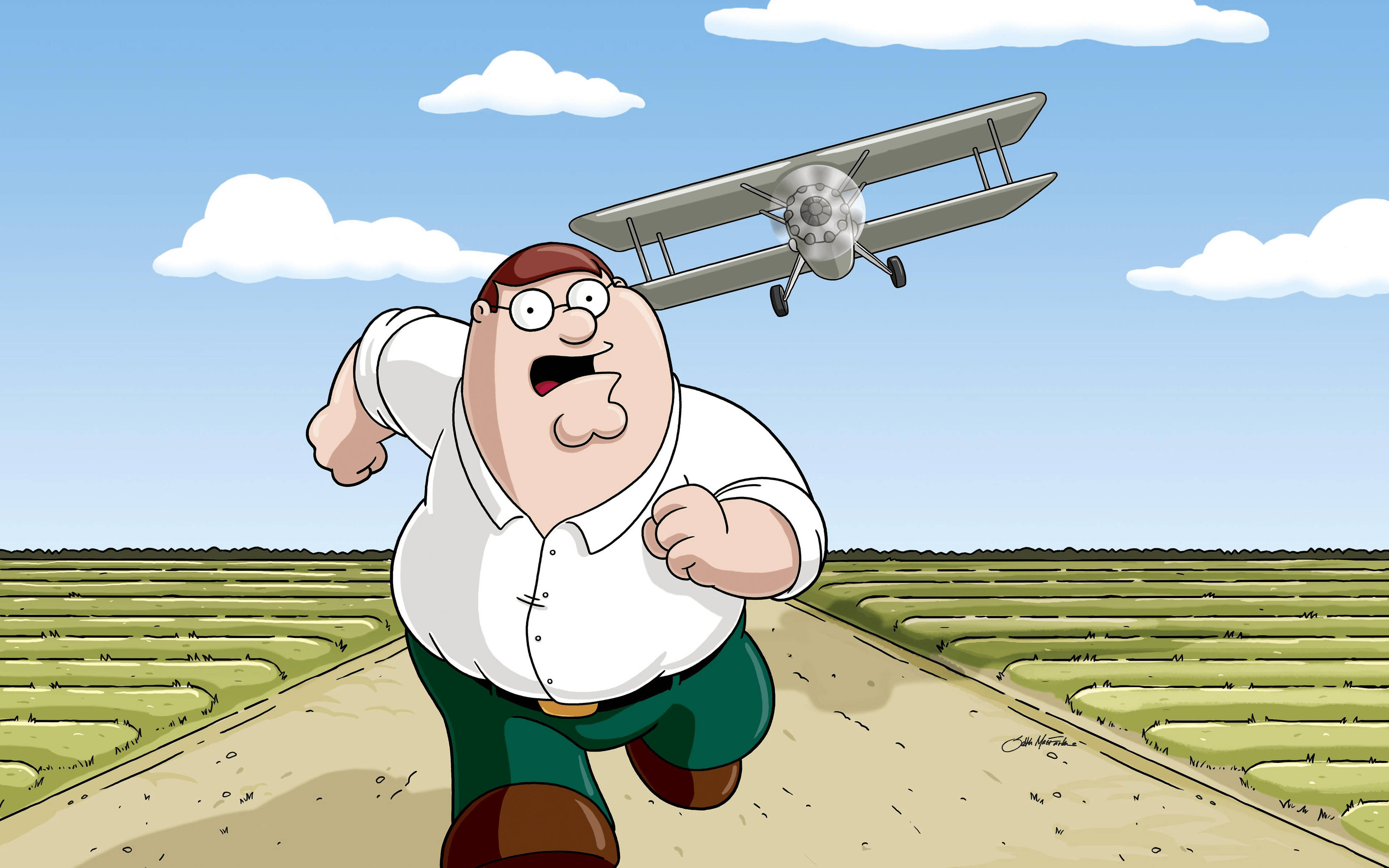 Peter Griffin, biplane, dirt path, 4K Desktop Wallpaper