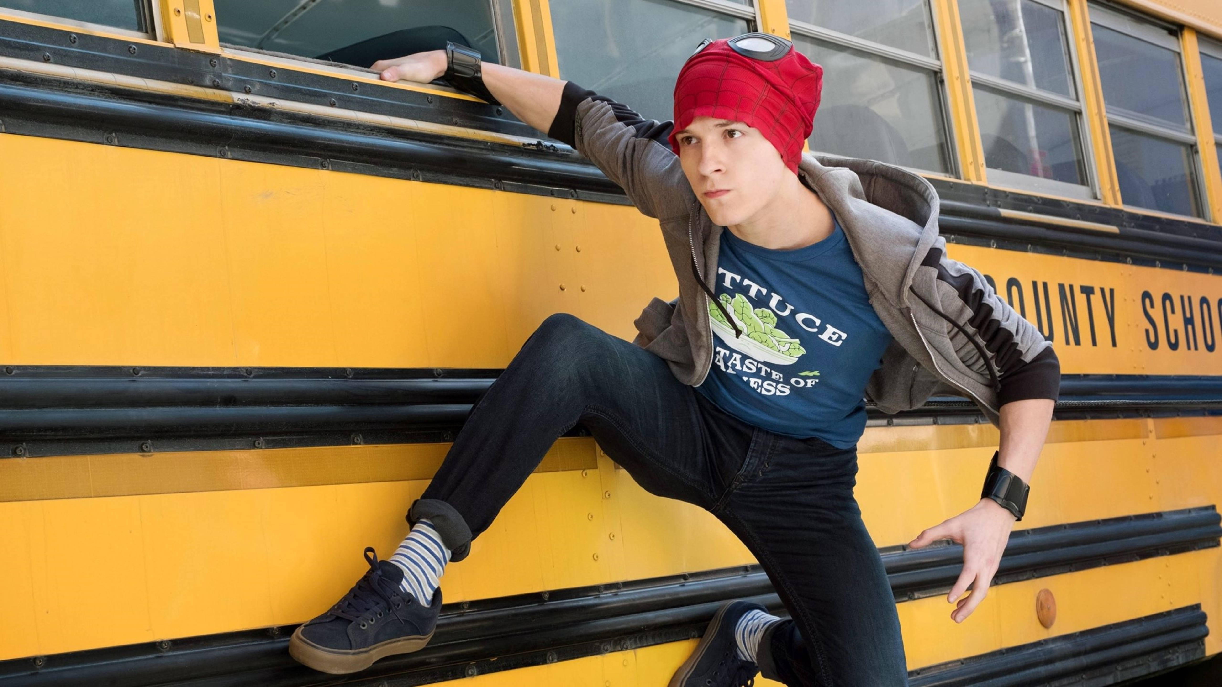 Peter Parker, school bus, red bandana, 5K Desktop Wallpaper