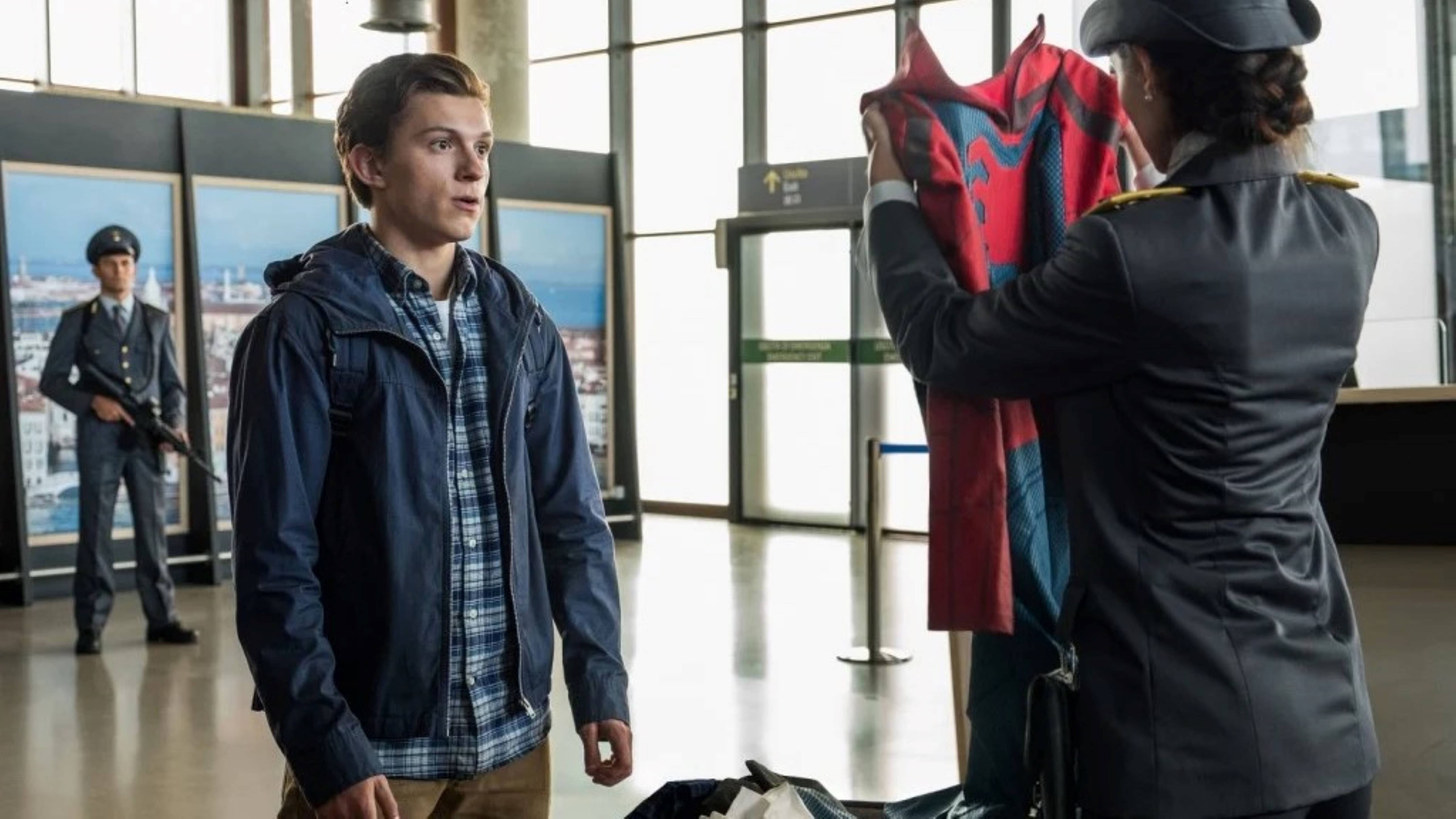 Peter Parker, airport checkpoint, red and blue superhero costume, 5K Desktop Wallpaper