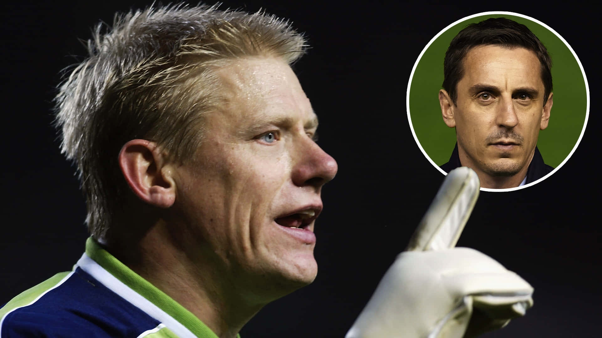Peter Schmeichel, goalkeeper, circular inset portrait, Full HD Desktop Wallpaper