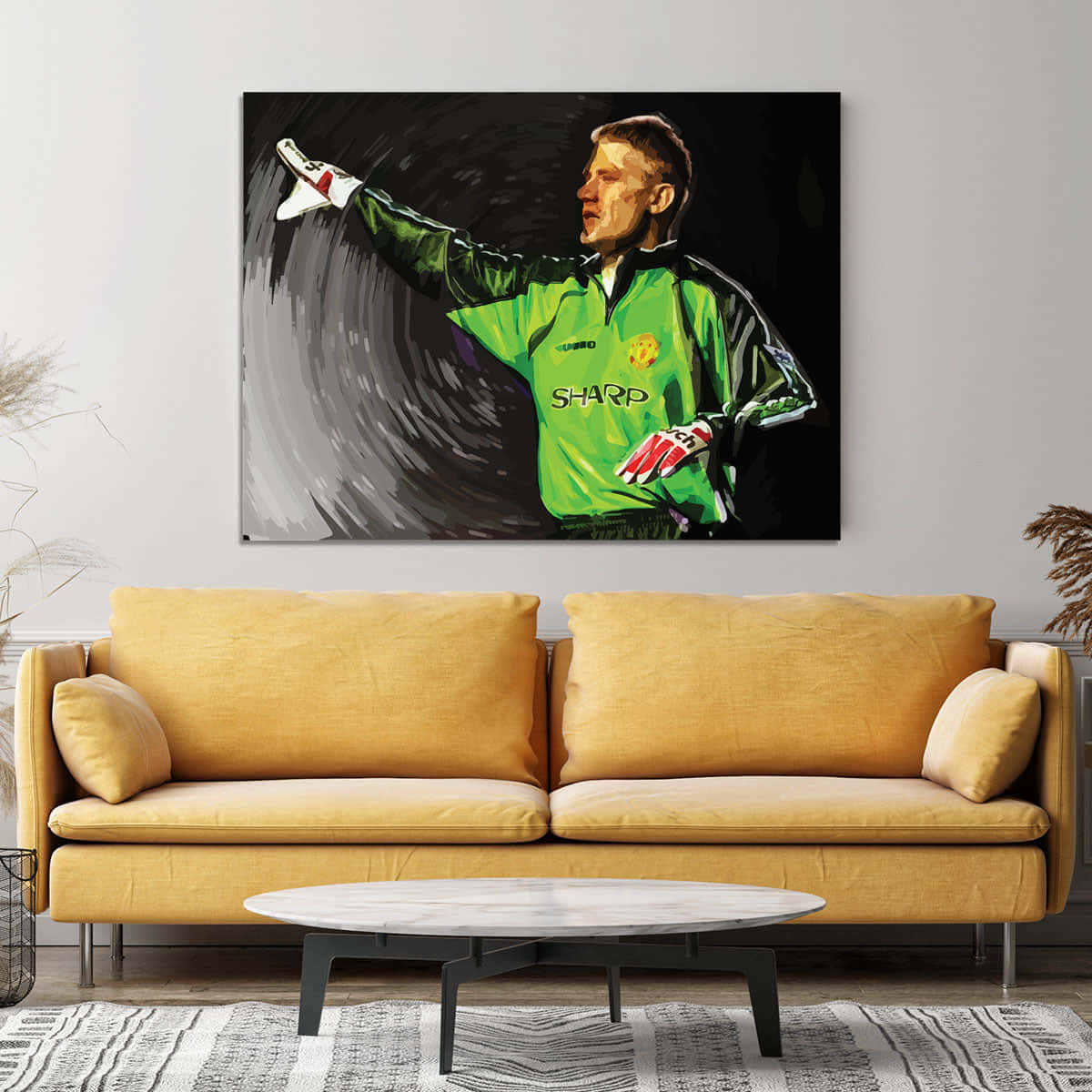 Peter Schmeichel, green jersey, mustard yellow sofa, SD Desktop Wallpaper
