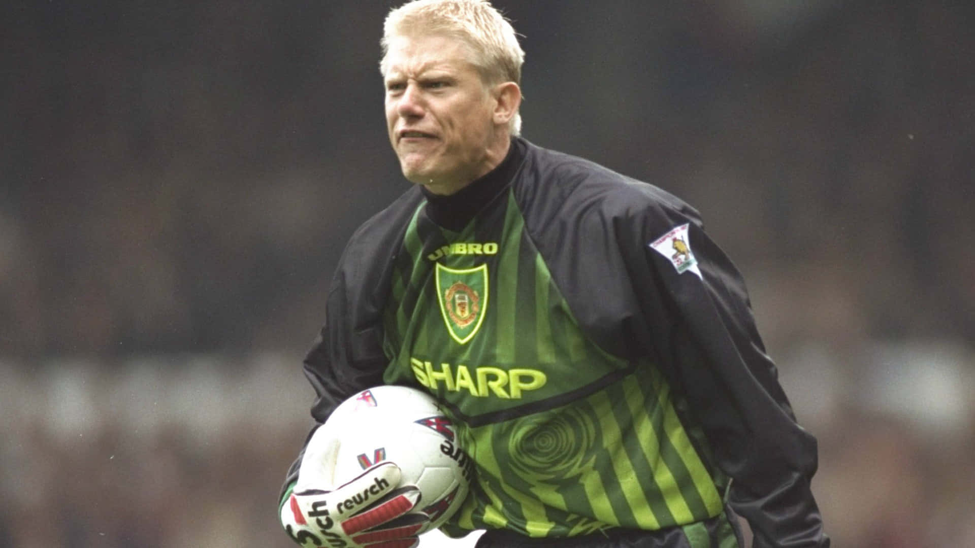 Peter Schmeichel, green and black striped jersey, white soccer ball, Full HD Desktop Wallpaper