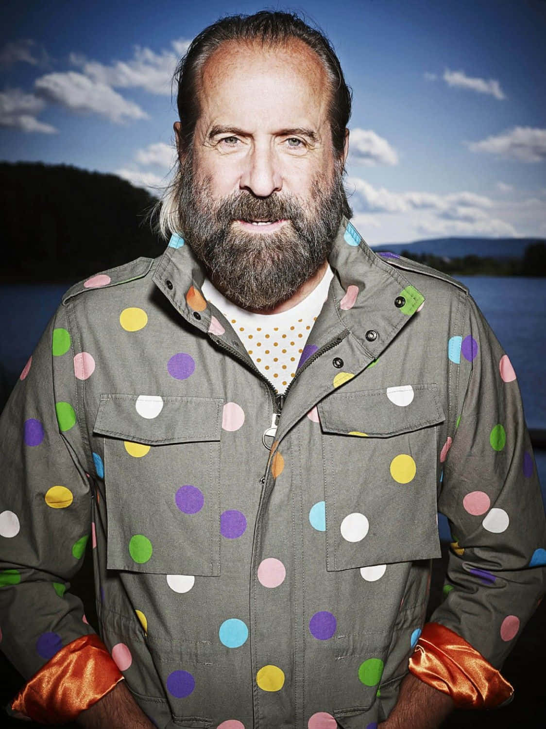 Peter Stormare, colorful polka-dot jacket, serene lake, HD Phone Wallpaper