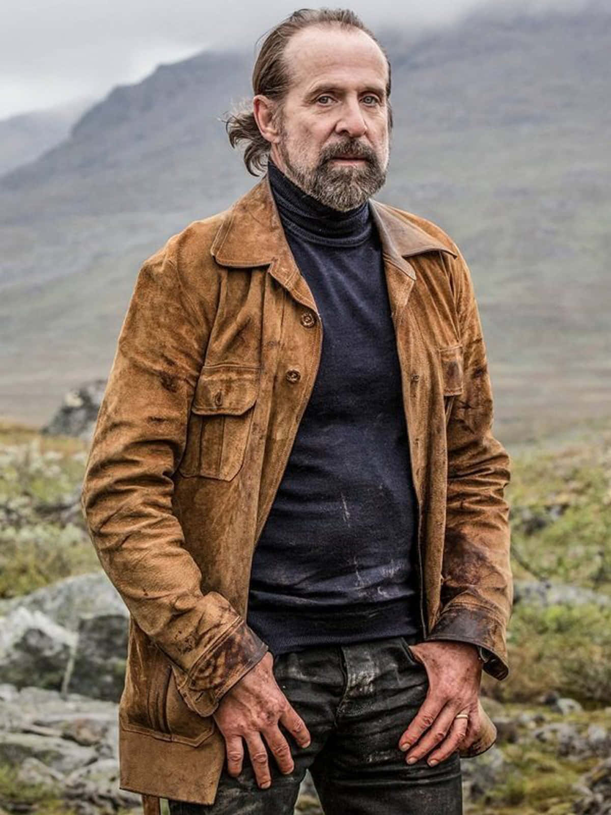 Peter Stormare, misty mountainous landscape, worn brown suede jacket, HD Phone Wallpaper