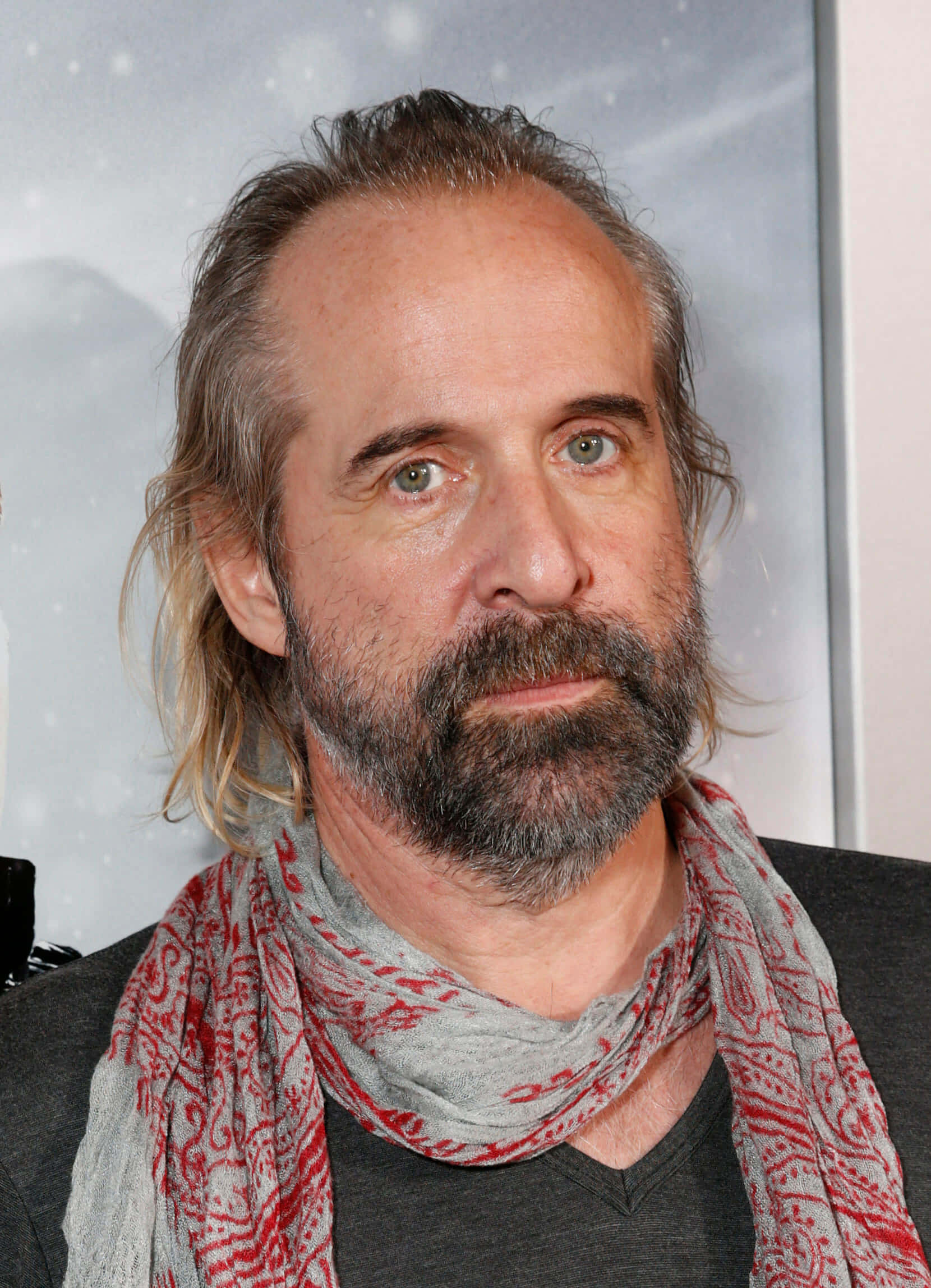 Peter Stormare, red and gray patterned scarf, snowy backdrop, Full HD Phone Wallpaper
