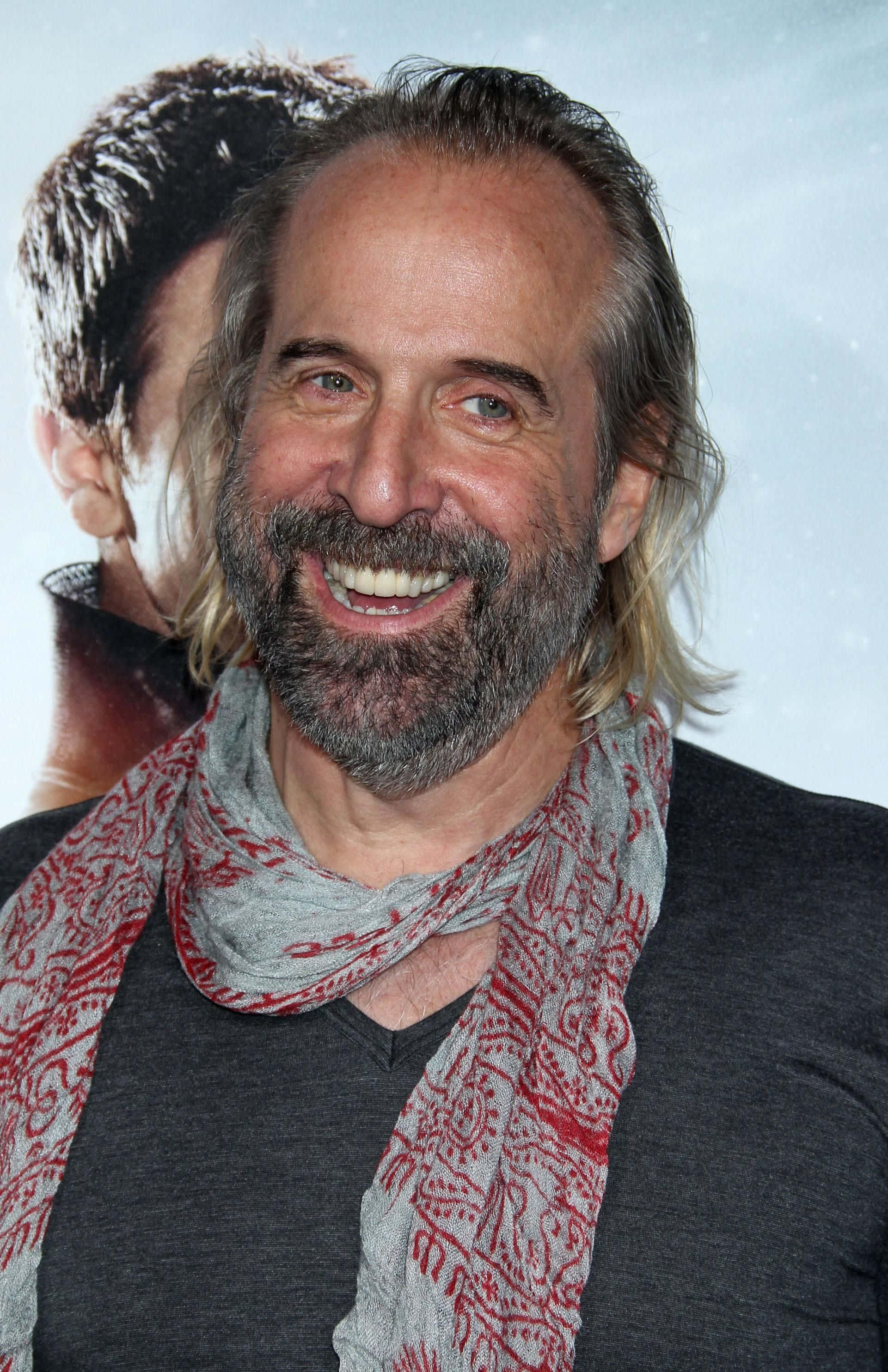 Peter Stormare, red and gray patterned scarf, light blue background, 2K Phone Wallpaper